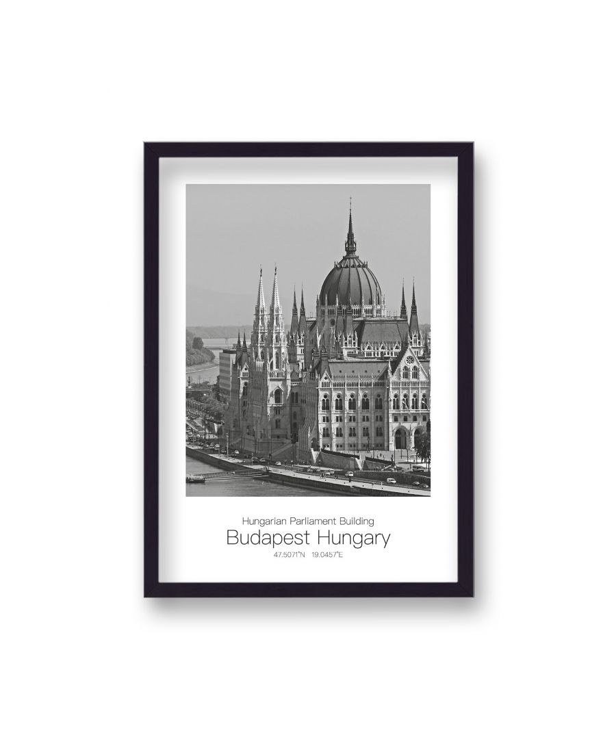 Image for Polaroid Style B&W Travel Print Hungarian Parliament Building Budapest Hungary - Black Frame