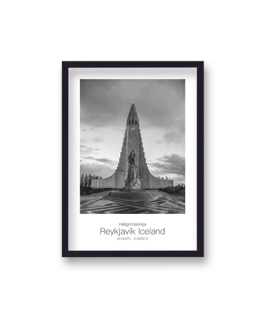 Image for Polaroid Style B&W Travel Print Hallgrimskirkja Reykjavik Iceland - Black Frame