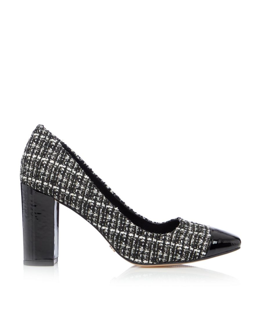 Elevate your workwear with this classic block heel design from Dune London. Made from a chic boucl� fabric with a contrasting patent square toe. These striking shoes are a must-have for your office attire.