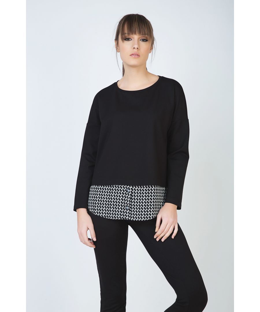 Image for Houndstooth and Button Detail Long Sleeve Top with Optional Shirt Collar by Conquista Fashion