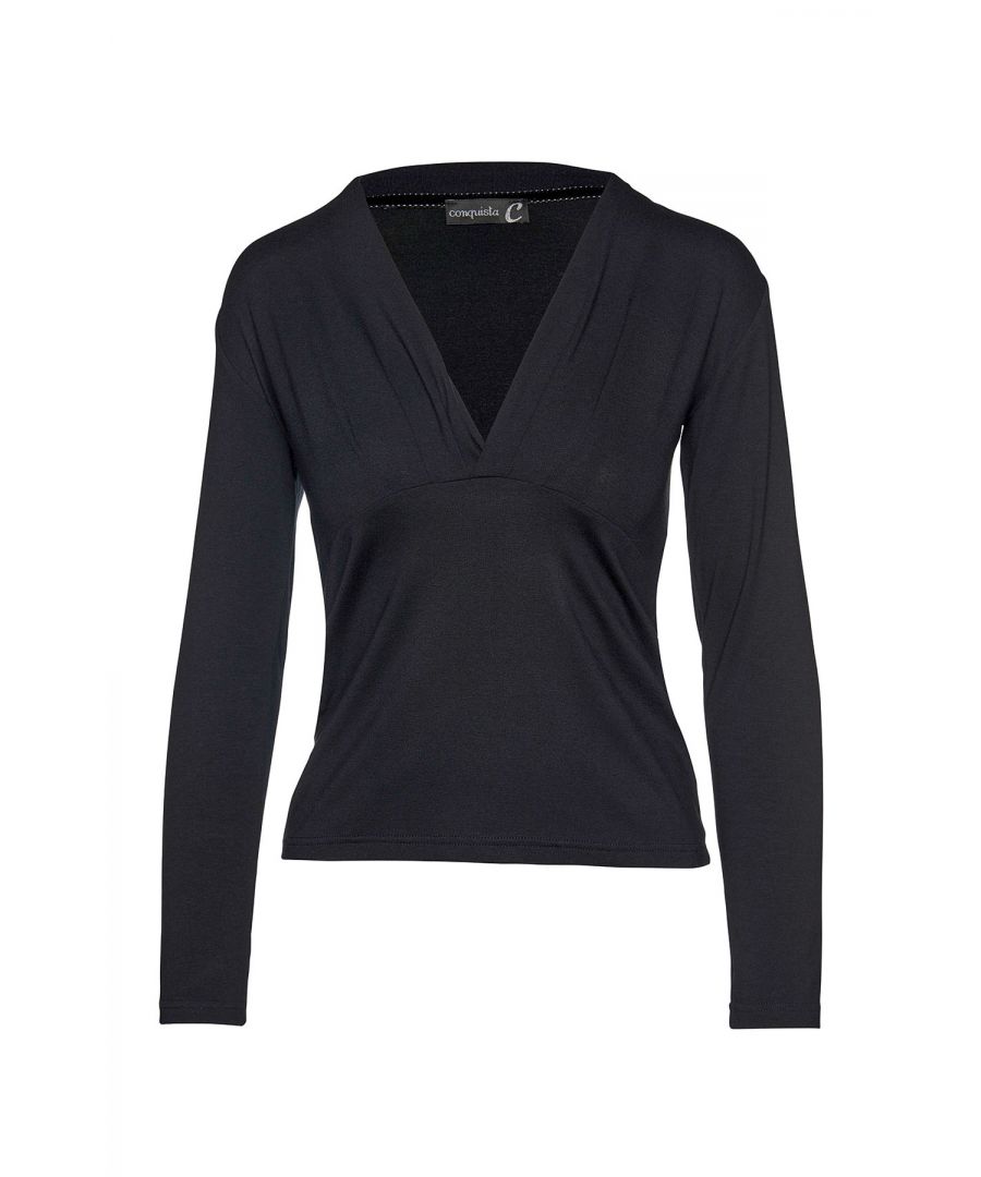 Image for Black Long Sleeve Faux Wrap Top in Stretch Jersey Sustainable Fabric