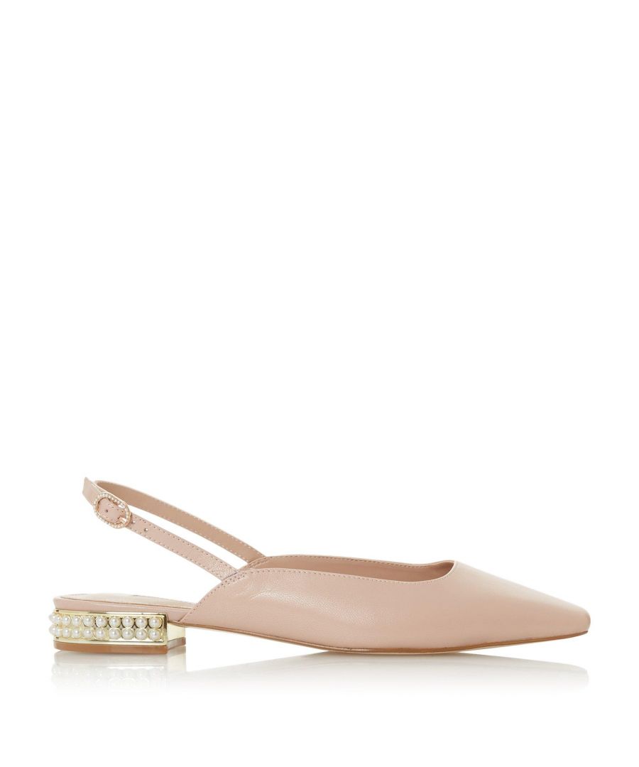 Invest in daytime elegance with this flat court shoe from Dune London. Shaped with a chisel toe and resting on an embellished stacked heel. It's complete with an adjustable slingback strap for a perfect fit.