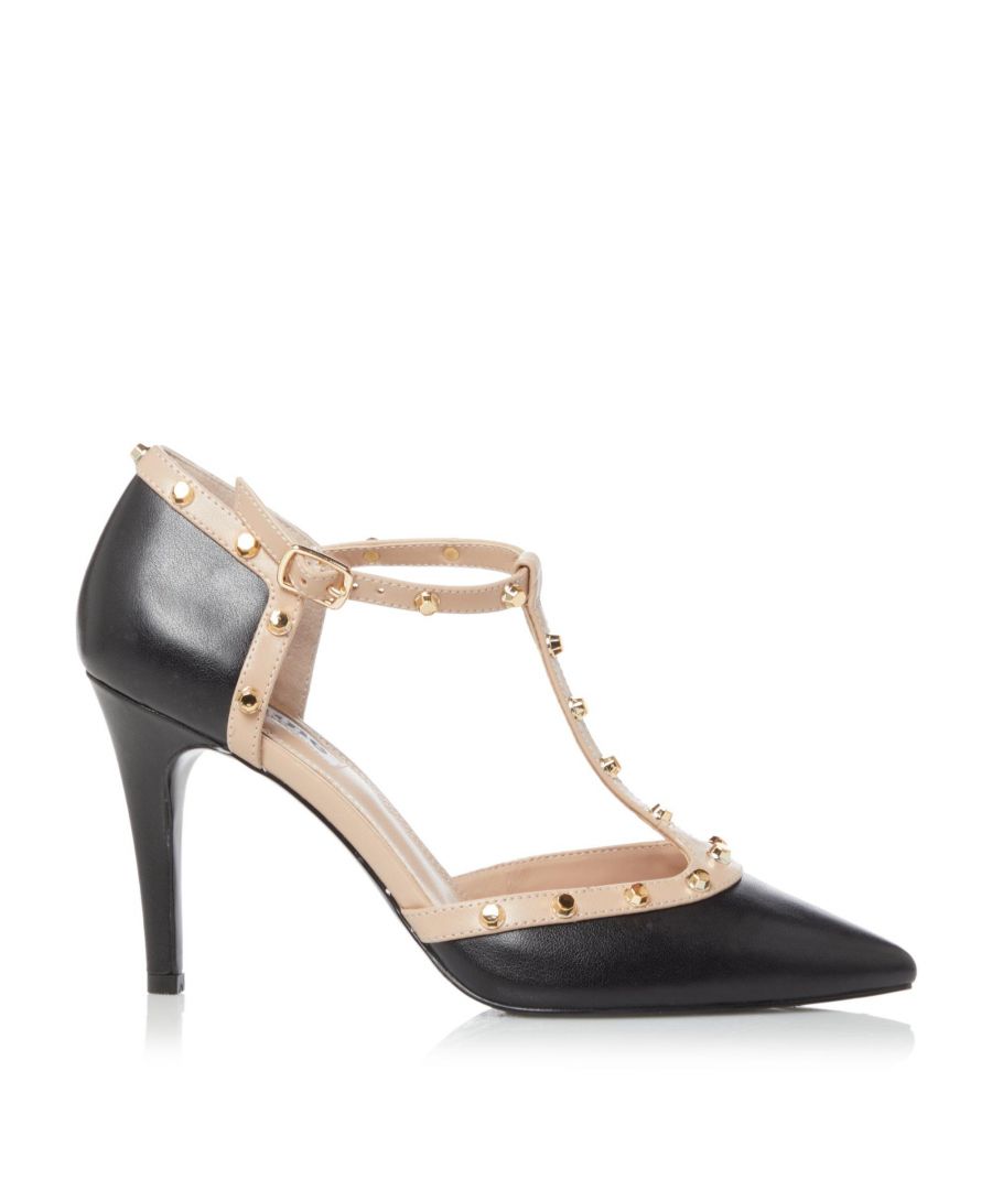 Make a statement with these studded court shoes from Dune London. Showcasing a stiletto heel, sophisticated pointed toe and a closed back. The adjustable buckle straps complete this feminine style.