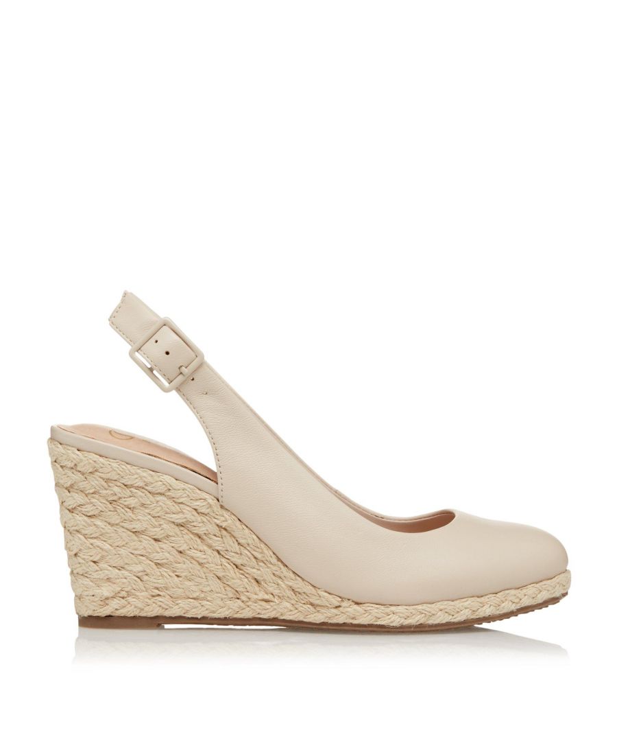 Complement summer line-ups with this high wedge shoe for instant style. Working a round toe and stylish slingback strap with a buckle. The heel is covered in woven espadrille rope for a tropical finish.