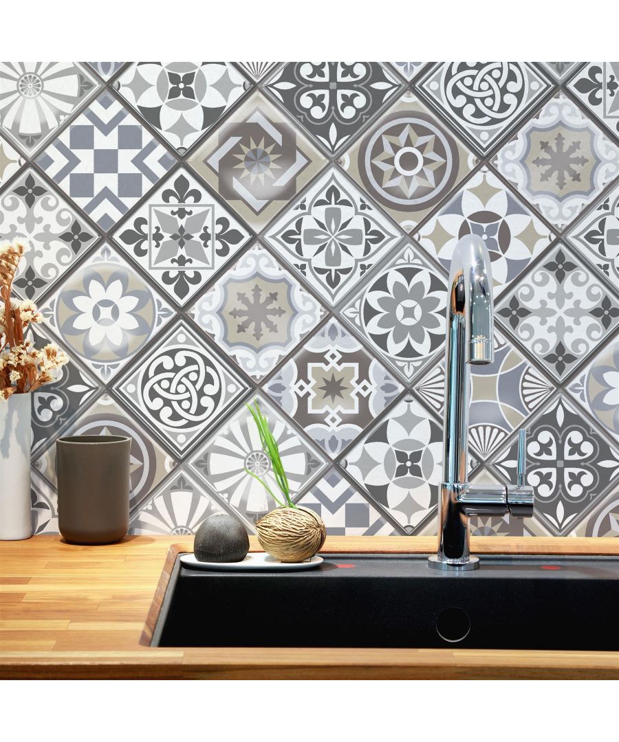 Walplus Purbeck and Limestone Spanish Glossy DIY Self Adhesive 3D Tile Stickers 15 x 15cm (6in 6 in)32pcs, Tiles Wall Stickers, Kitchen, Bathroom, Living room, peel stick - Grey - One Size