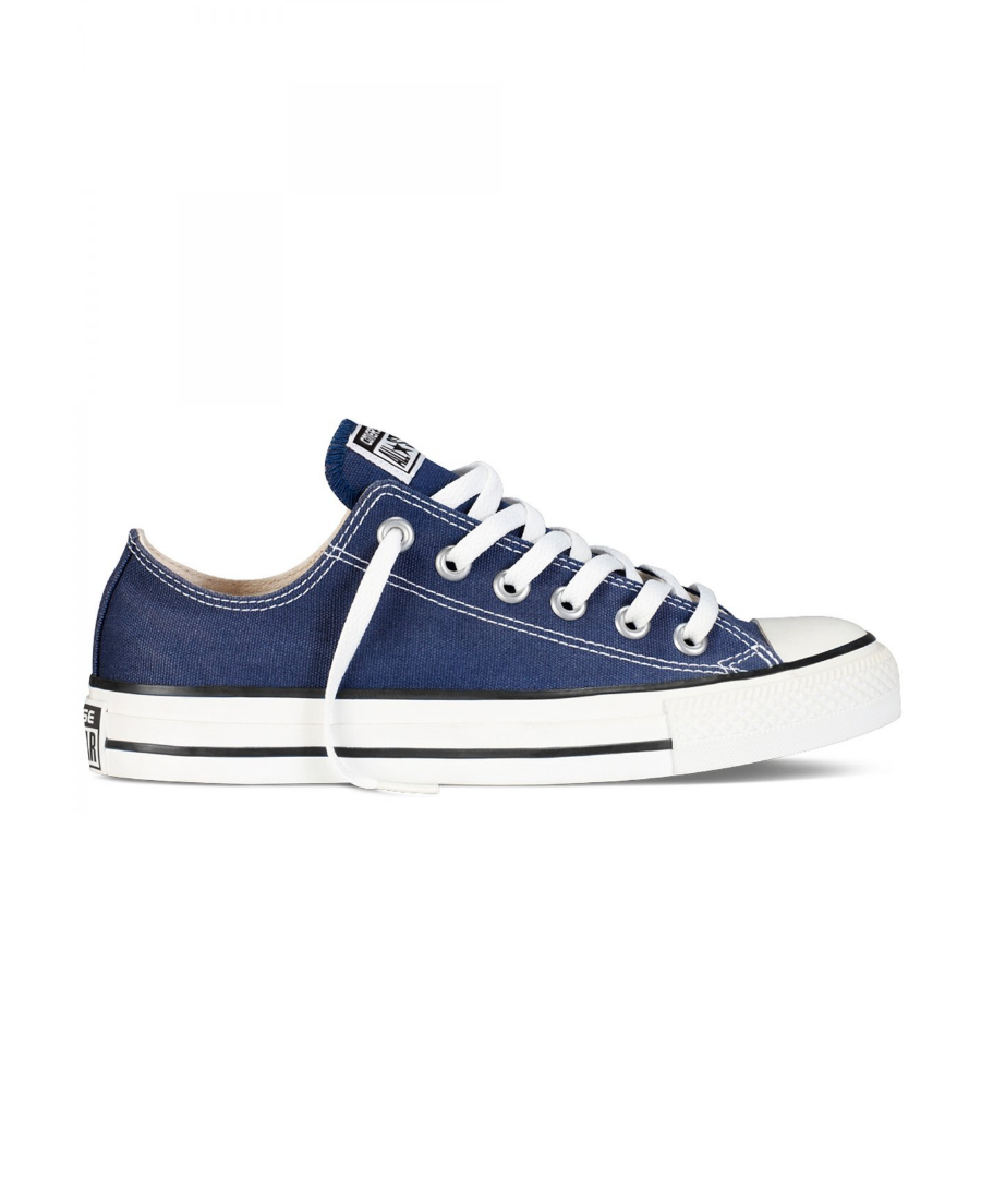 Unisex Navy Converse Chuck Taylor All Star Ox Low Top Trainers constructed in a lightweight and durable canvas upper and finished with an iconic rubber toe cap. A Black striped rubber sole completes the design of this sneaker. These Unisex Low-profile sneakers also feature medial eyelets to enhance airflow and are detailed with classic 'All Star' branding on the tongue and heel cage.