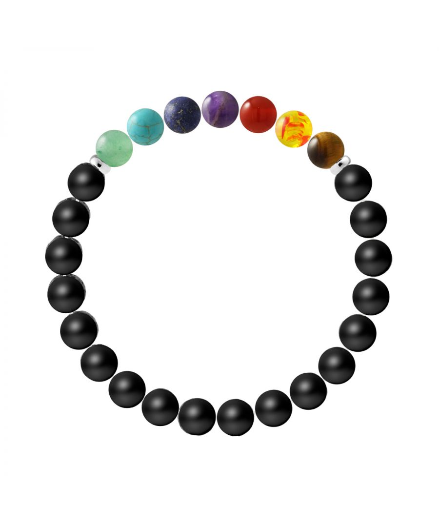 Bracelet - MAT BLACK AGATE - Diameter 8 mm- Sterling Silver 925 Thousandths Ferrules | HR® elasticated - High Resistance | Manufactured in our French Workshop | Delivered with our prestige box and a certificate of warranty & authenticity 7 Chakras - Aventurine + Turquoise + Blue Chrysocolla + Amethyste + Red Carnelian + Amber + Tiger Eye
