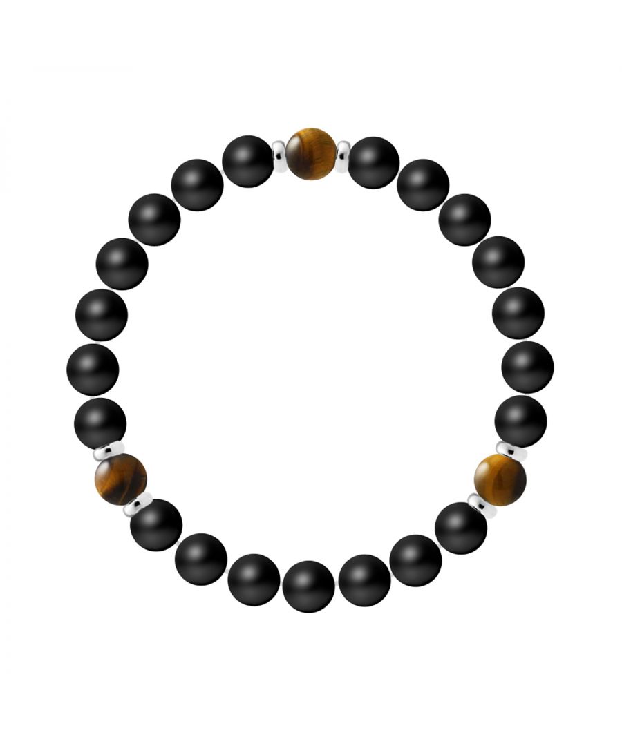 Bracelet 3 Stones - NATURAL MAT BLACK AGATE | TIGER EYE STONE | Sterling Silver 925 Thousandths Ferrules | HR® elasticated - High Resistance | Manufactured in our French Workshop | Delivered with our prestige box and a certificate of warranty & authenticity