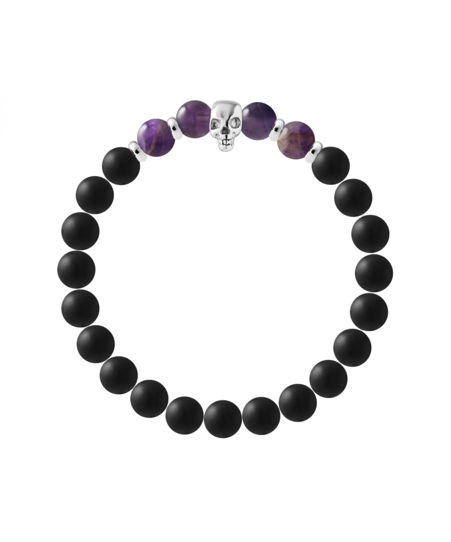Bracelet TETE DE MORT - BLACK AGATE STONE - AMETHYSTE STONE - Skull Head Sterling Silver 925 Thousandths | HR® elasticated - High Resistance | Manufactured in our French Workshop | Delivered with our prestige box and a certificate of warranty & authenticity
