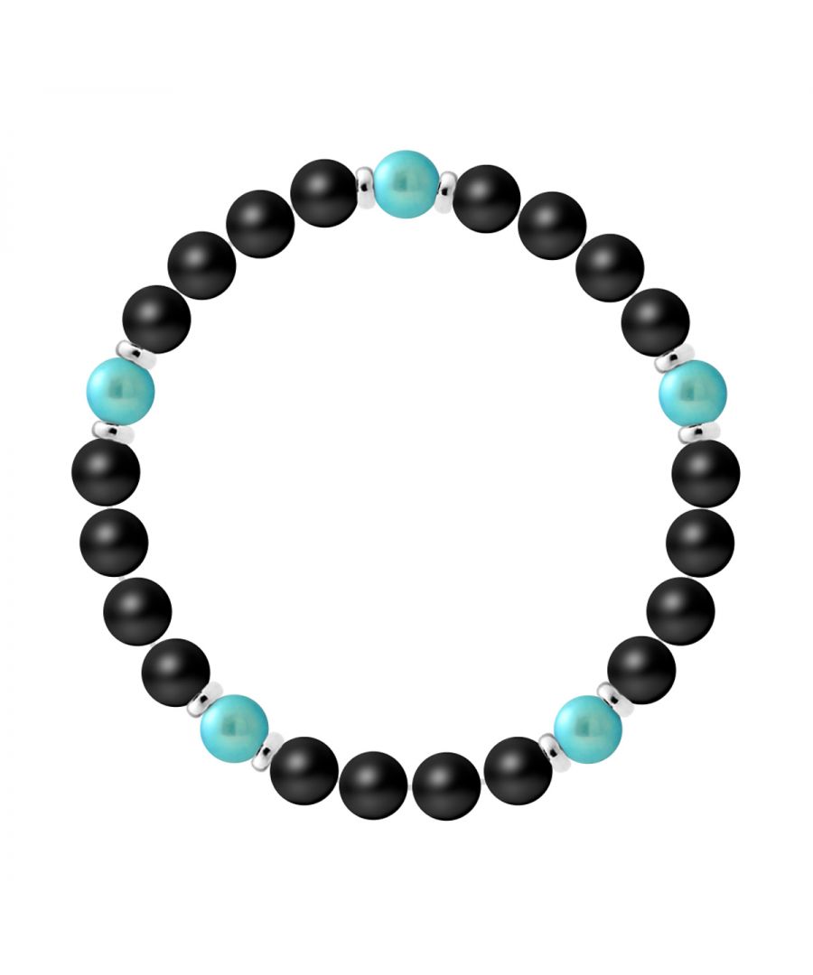 Bracelet 5 Stones | BLACK AGATE STONE -CULTURED FRESHWATER PEARL Blue TURQUOISE | Sterling Silver 925 Thousandths Ferrules | HR® elasticated - High Resistance | Manufactured in our French Workshop | Delivered with our prestige box and a certificate of warranty & authenticity