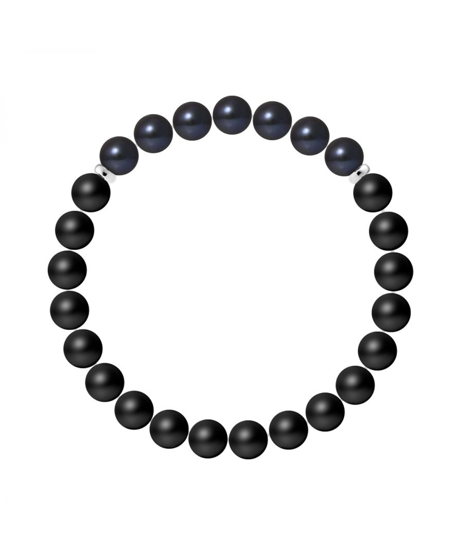 Bracelet 7 Stones | BLACK AGATE STONE - BLACK FRESHWATER PEARL | Sterling Silver 925 Thousandths Ferrules | HR® elasticated - High Resistance | Manufactured in our French Workshop | Delivered with our prestige box and a certificate of warranty & authenticity