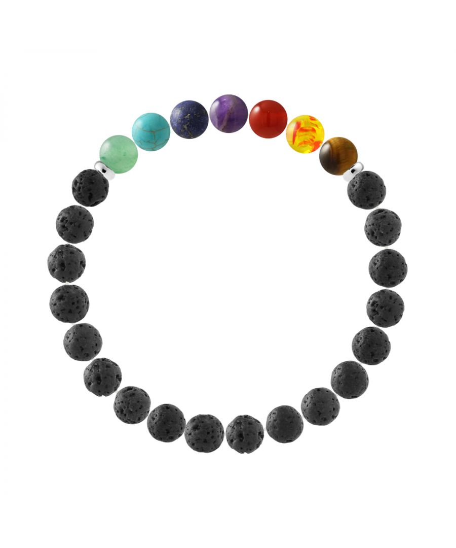 Bracelet | Natural Lava stone | Diameter 8 mm - LAVA STONE - 7 CHAKRAS- Sterling Silver 925 Thousandths Ferrules | HR® elasticated - High Resistance | Manufactured in our French Workshop | Delivered with our prestige box and a certificate of warranty & authenticity
