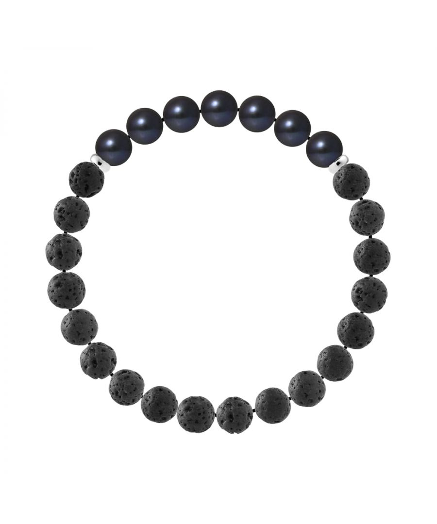 Bracelet | Natural Lava stone | Diameter 8 mm - LAVA STONE - BLACK FRESHWATER PEARL- Sterling Silver 925 Thousandths Ferrules | HR® elasticated - High Resistance | Manufactured in our French Workshop | Delivered with our prestige box and a certificate of warranty & authenticity