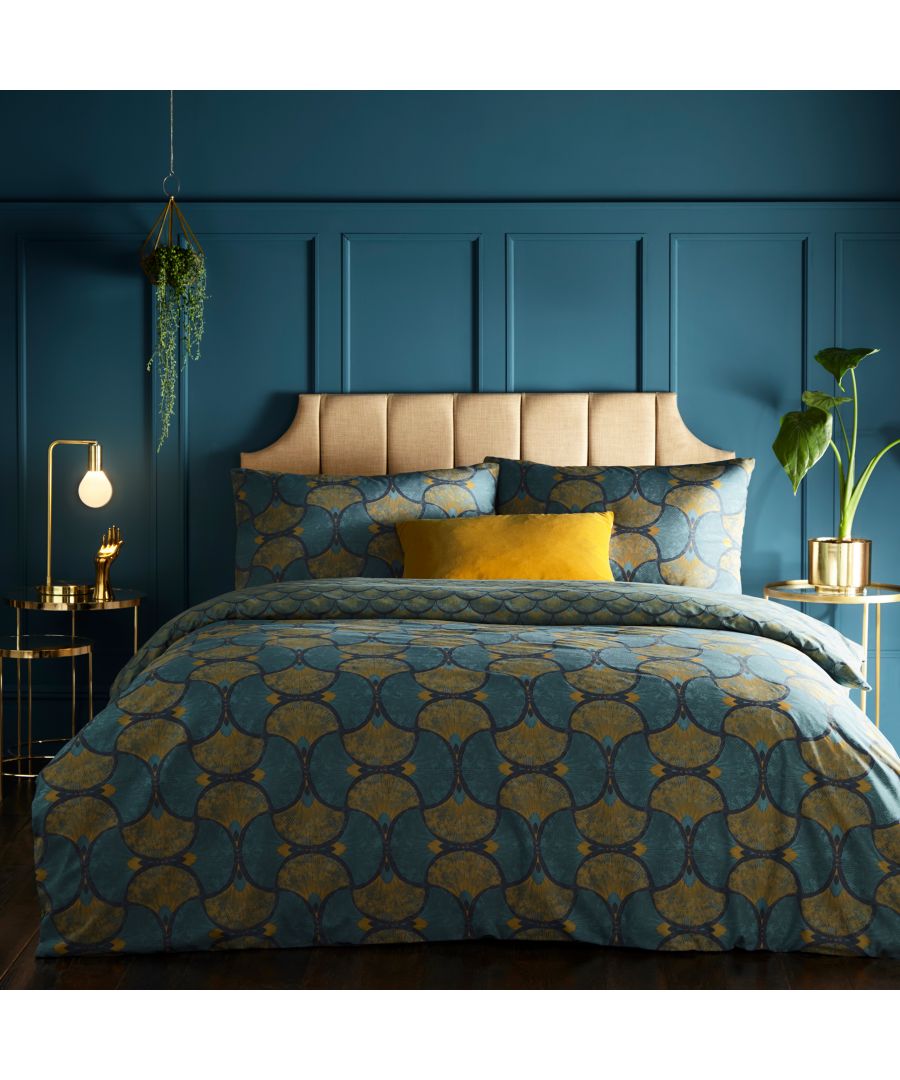 The Decora Duvet Cover and Pillow Case Set reawakens the iconic designs to a contemporary home. Featuring a curved geometric print formed by decorative fans in rich teal and gold, this design brings back Deco style to your interior. Complete with a reversible design, clear button closure and easy care properties.\nMeasurements are as below for each size in this range;\nSingle: 137 x 200cm (includes one matching pillowcase)\nDouble: 200 200cm (includes two matching pillowcases)\nKing: 230 x 220cm (includes two matching pillowcases)\nSuper King: 260 x 220cm (includes two matching pillowcases)