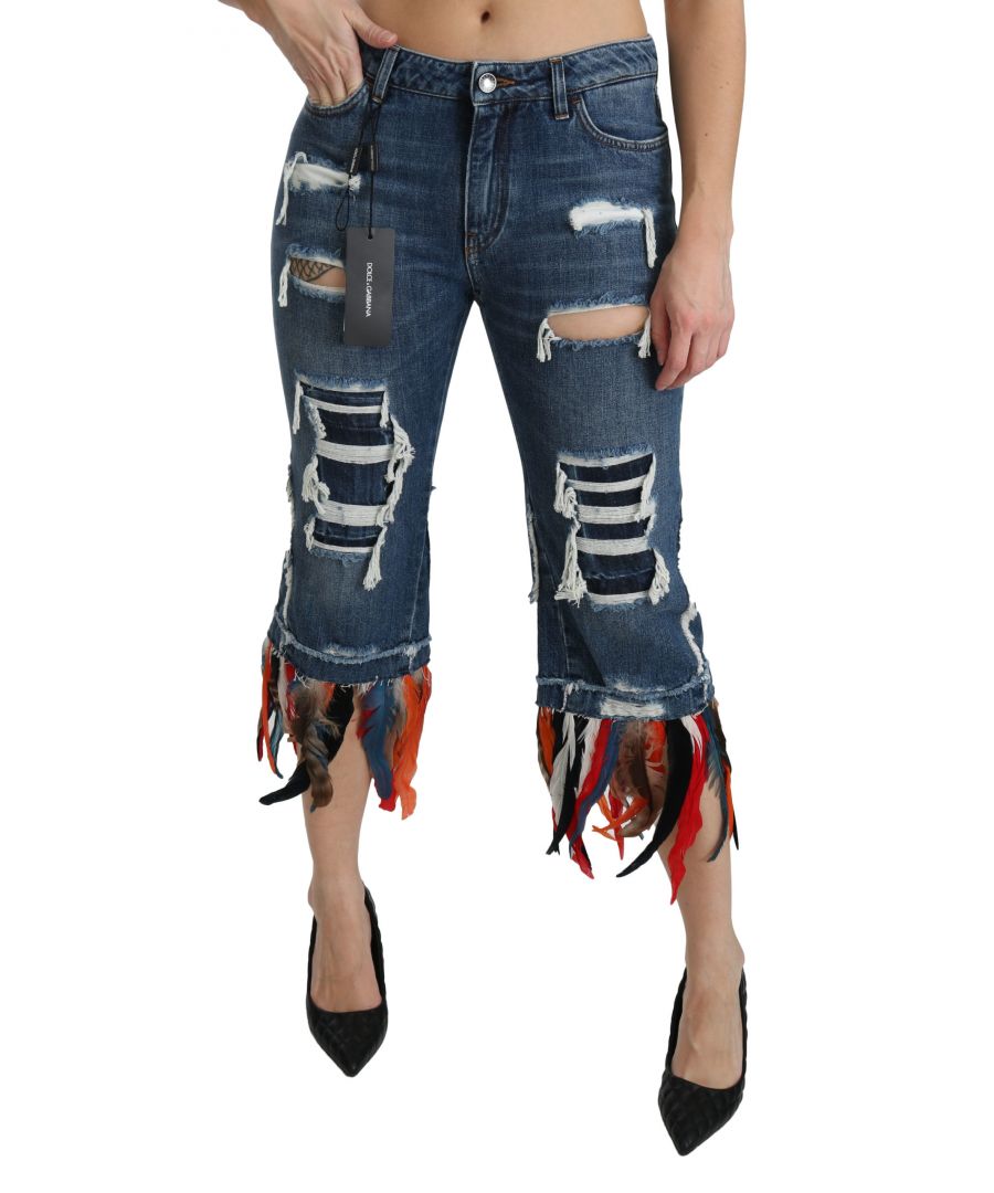 Image for Dolce & Gabbana Blue Feathers Low Waist Cropped Cotton Jeans