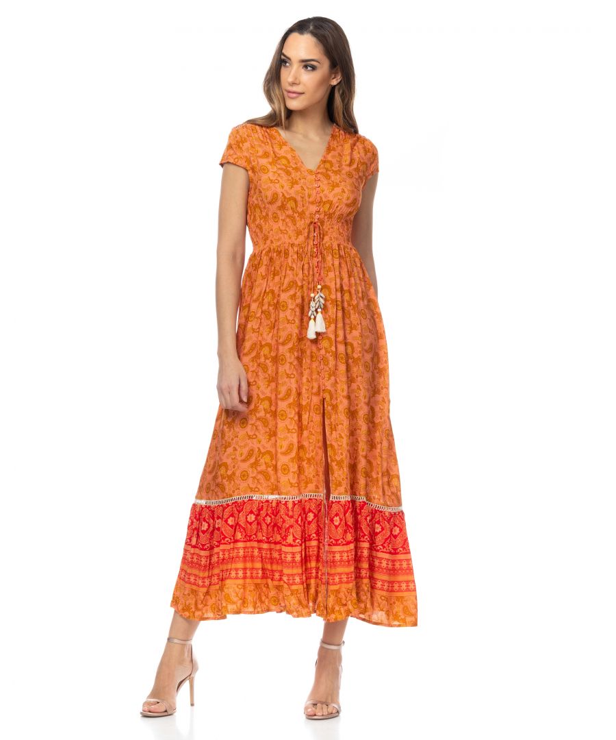 Image for Long Printed Dress With Elastic Waist Laces And Buttons