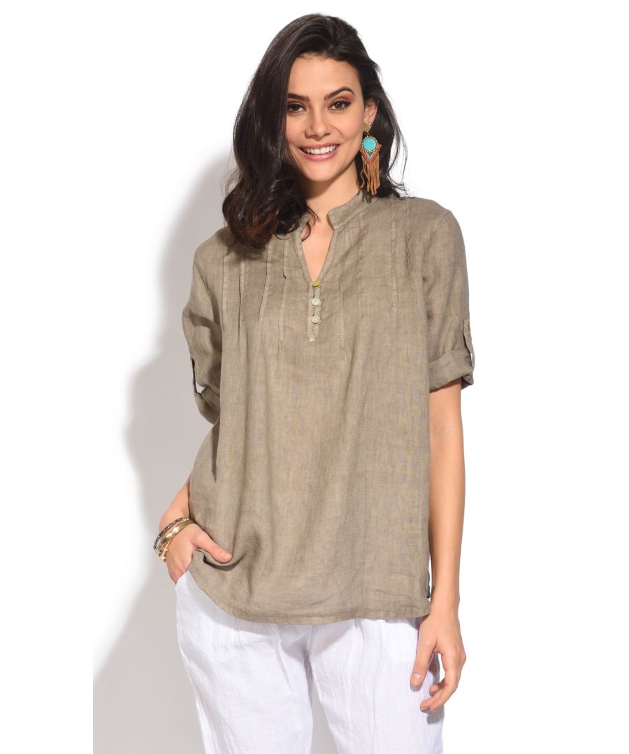 Le Jardin Du Lin Womens Buttoned tunisian collar Top with front pleats - Brown Linen - Size X-Large