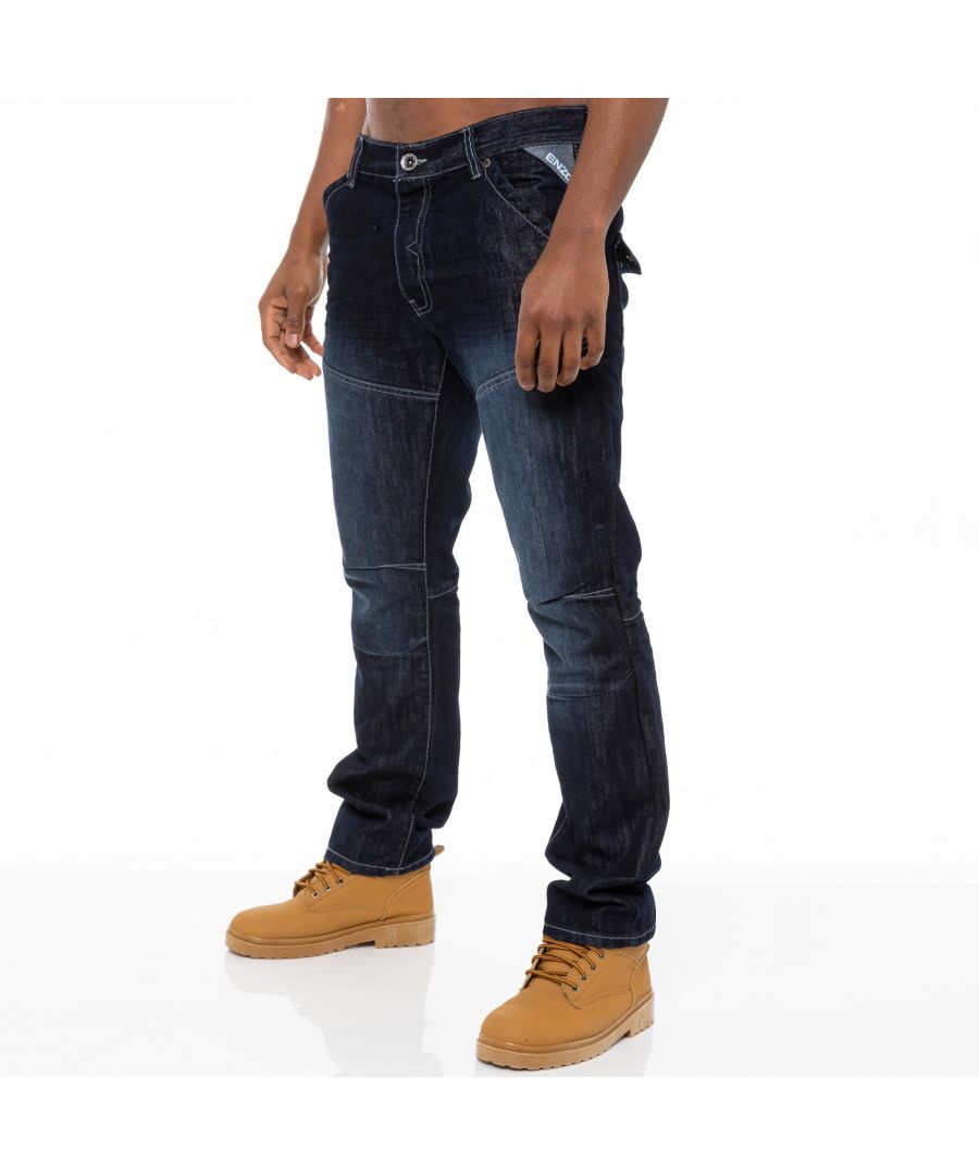 Refresh your denim edit with these straight fit mens designer jeans. Crafted in hardwearing cotton blend denim, this 5 pocket style features a button fly and will flatter all body shapes. Branded stitching and a branded PU waist tag complete a timeless, versatile look that can be dressed up or down with ease. Discover a wide range of sizes available to shop online at the Enzo website.