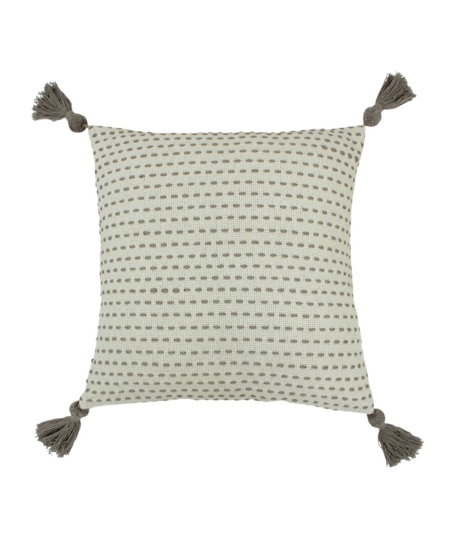 Add some texture and modern style to the best spot in the house with this embroidered cushion. In warm-toned colours, this cushion has a stitched striped design arranged on a soft linen-look fabric. Finished with a tassel at each corner, it’s a must for every season.