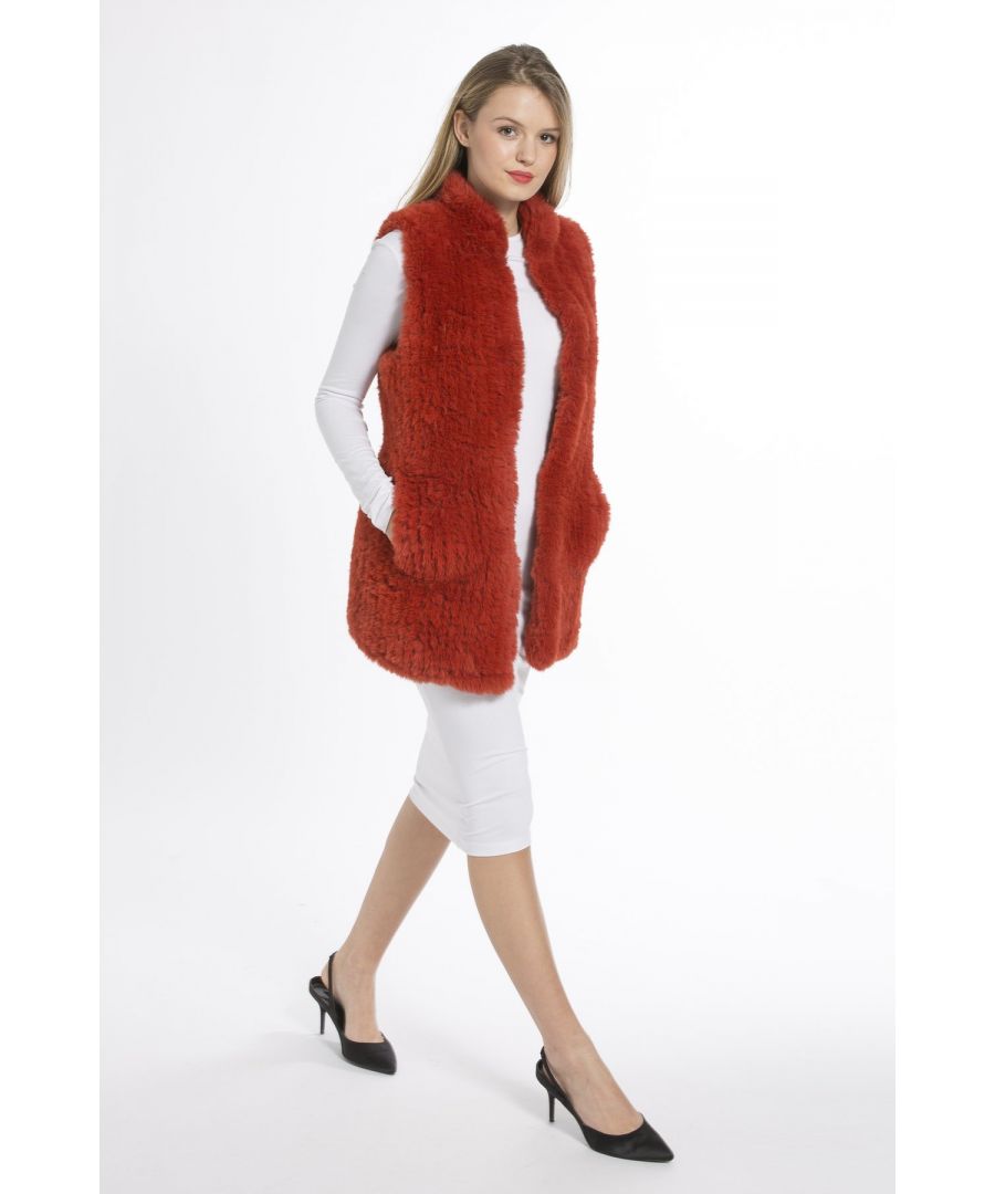jayley womens hand knitted faux fur long gilet - orange - one size