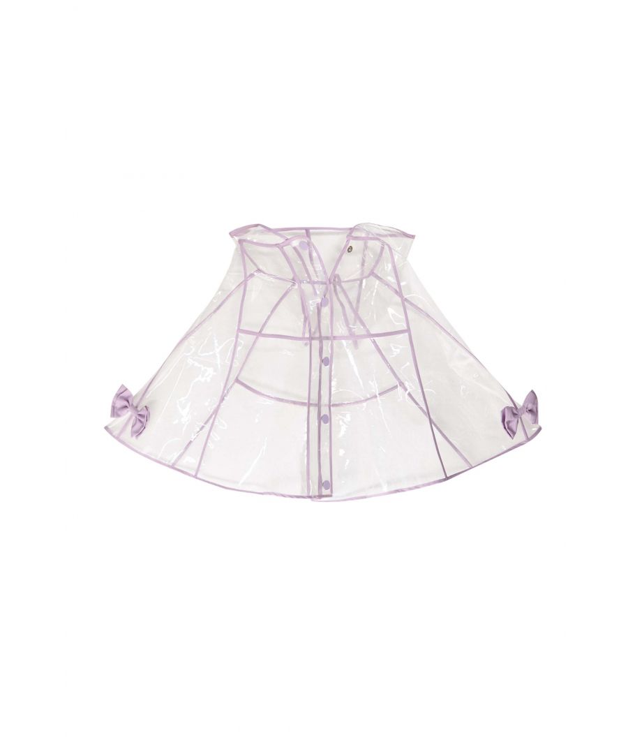 It's raining, It's pouring and your little lady wants to be wrapped up in our Bow Detail Rain Cape. Expertly crafted in a brand new shape, this transparent jacket It's perfect for transitional weather. Decorated with lilac piping all over and bow details at the sleeve, it is finished with snap button closures down the centre and a hood for added weather protection. Wear over her favourite intarsia knit and leggings..  Shell; 100% Polyurethane, Trim: 93% Polyester 7% Elastane Sponge Clean With Cold Water Length is 50cm
