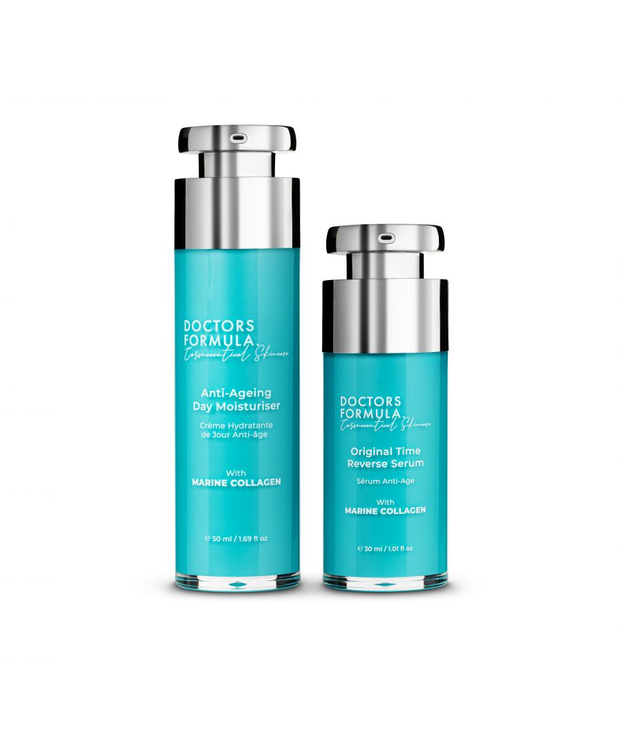 Our Marine Collagen range is predominantly focused on anti-ageing skincare. Our star ingredient, Marine Collagen Amino Acid, has numerous scientifically proven benefits on our skin.\nIt is the structural basis for healthy, youthful-looking skin as it supports our skin’s hydration, firmness and elasticity.\n\nMarine Collagen peptides help renew skin’s ability to retain moisture and suppleness, while protecting itself from further damage resulting in loss of elasticity and firmness. Marine Collagen minimises the look of fine lines and wrinkles and therefore is the key ingredient behind our Anti-Ageing Range.\n\nComposition of the Doctors Cosmeceutical Skincare Formula:\n1 x Doctors Cosmeceutical Skincare Formula Original Time Reverse Serum 30ml. \nOur Original Time Reverse Serum is a unique blend of active ingredients such as Collagen Amino Acids, Soluble Collagen and Algae extract. Specially formulated to boost the skin firmness, plumpness and hydration for youthful looking skin.\nKey Ingredients:\nThe Marine collagen amino acids hydrate the skin, working to prevent water loss and improve the suppleness of the skin.\nThe soluble collagen balances, nourishes and moisturises the skin.\nThe Algae extract brightens and smoothen the skin for a more even skin tone.\nUsage:\nApply every morning and evening after cleansing.\n100% Cruelty Free.\nIngredients: \nAqua (Water), Carbomer, Glycerin, Benzyl Alcohol, Allantoin, PEG-7, Glyceryl Cocoate, Phenoxyethanol, Sodium Hydroxide, Disoudium EDTA, Dehydroaccetic Acid, Ethylhexylglycerin, Collagen Amino Acids, Parfum (Fragrance), Algae Extract, Soluable Collagen, Benzyl Salicylate, Sodium Benzoate, Potassium Sorbate, Hexyl Cinnamal, Aloe Barbadenisis Leaf Juice Powder, Limonene.\n\n1 x Doctors Cosmeceutical Skincare Formula Marine Collagen Anti-Ageing Day Moisturiser 50ml.\nOur Anti-Ageing Day Moisturiser is specially formulated to nourish and moisturise the skin. This day moisturiser also contains Collagen Amino Acids and Soluble Collagen to boost the skin’s firmness, plumpness and hydration.\nKey Ingredients:\nThe Marine collagen amino acids used to hydrate the skin, working to prevent water loss and improve the suppleness of the skin.\nThe Soluble Collagen balances, nourishes and moisturises the skin.\nThe Complex of marine extracts hydrates the skin and boosts skin's barrier.\nUsage:\nApply in the morning after the serum.\n100% Cruelty Free.\nIngredients:\nAqua (Water), Glycerin, Glyceryl Stearte SE, Ceterryl Alcohol, Stearic Acid, Cocos Nucifera (Coconut Oil), Benzyl Alcohol, Isoceteth-20, Phenoxyethanol, Carbomer, Collagen Amino Acids, Allantoin, PEG-7, Glyceryl Cocoate, Disodium EDTA, Ethylhexylglycerin, Dehydroaccetic Acid, Sodium Hydroxide, Parfum (Fragrance), Soluable Collagen, Benzyl Salicylate, Gardenia Tahetenis, (Tiare Flower) Extract, Hydrolyzed Algin, Hexyl Cinnamal, Potassium Sorbate, Maris Aqua, Limonene, Chlorella Vulgaris Extract, Aloe Barbadenisis Leaf Juice Powder.