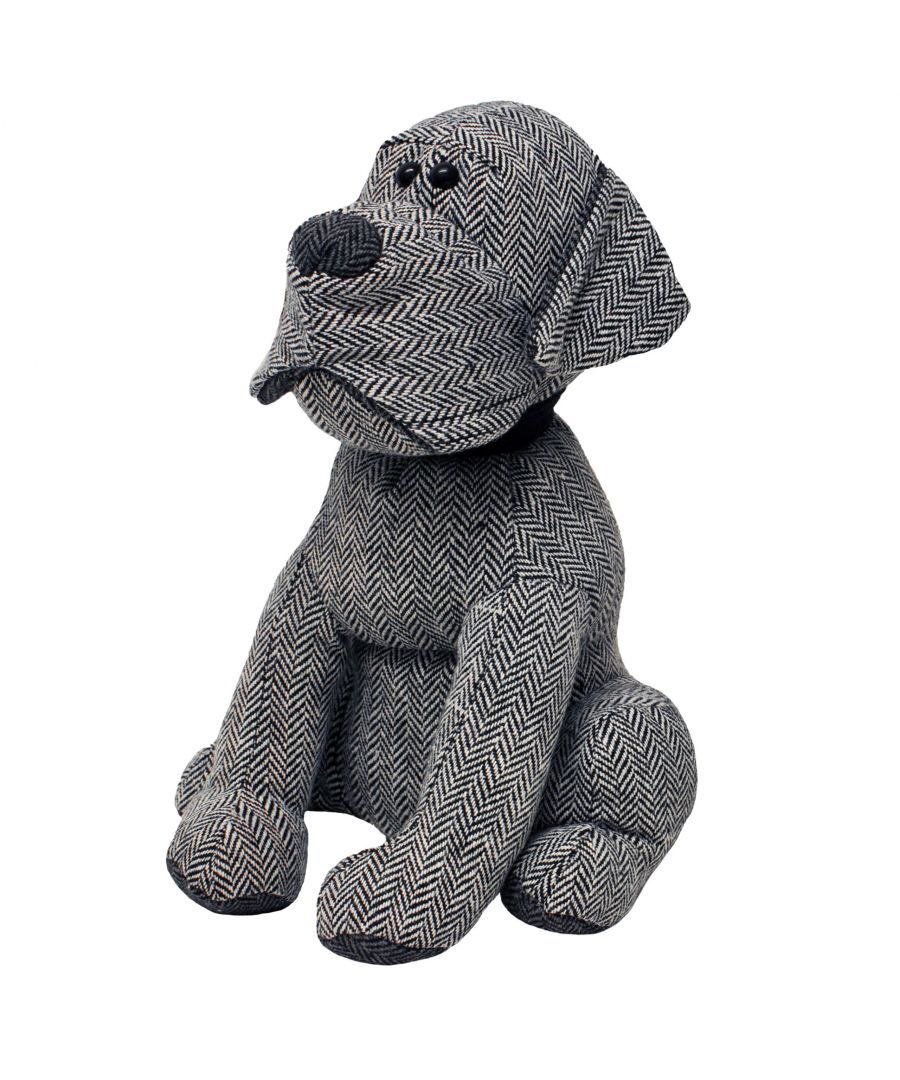 Richard the dog is a novelty doorstop and has an overall herringbone pattern in grey with contrasting under ears, paws and nose. He comes with a soft black collar and beaded eyes. Made of 70% polyester and 30% acrylic with a base filled with sand making Richard heavy enough to hold open most doors. Richard is spot clean only.