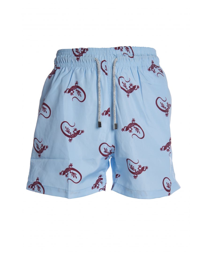 Blue Mens Swim Shorts with a gecko print pattern\nA shorter leg length than our new designs at 37cm/14,5