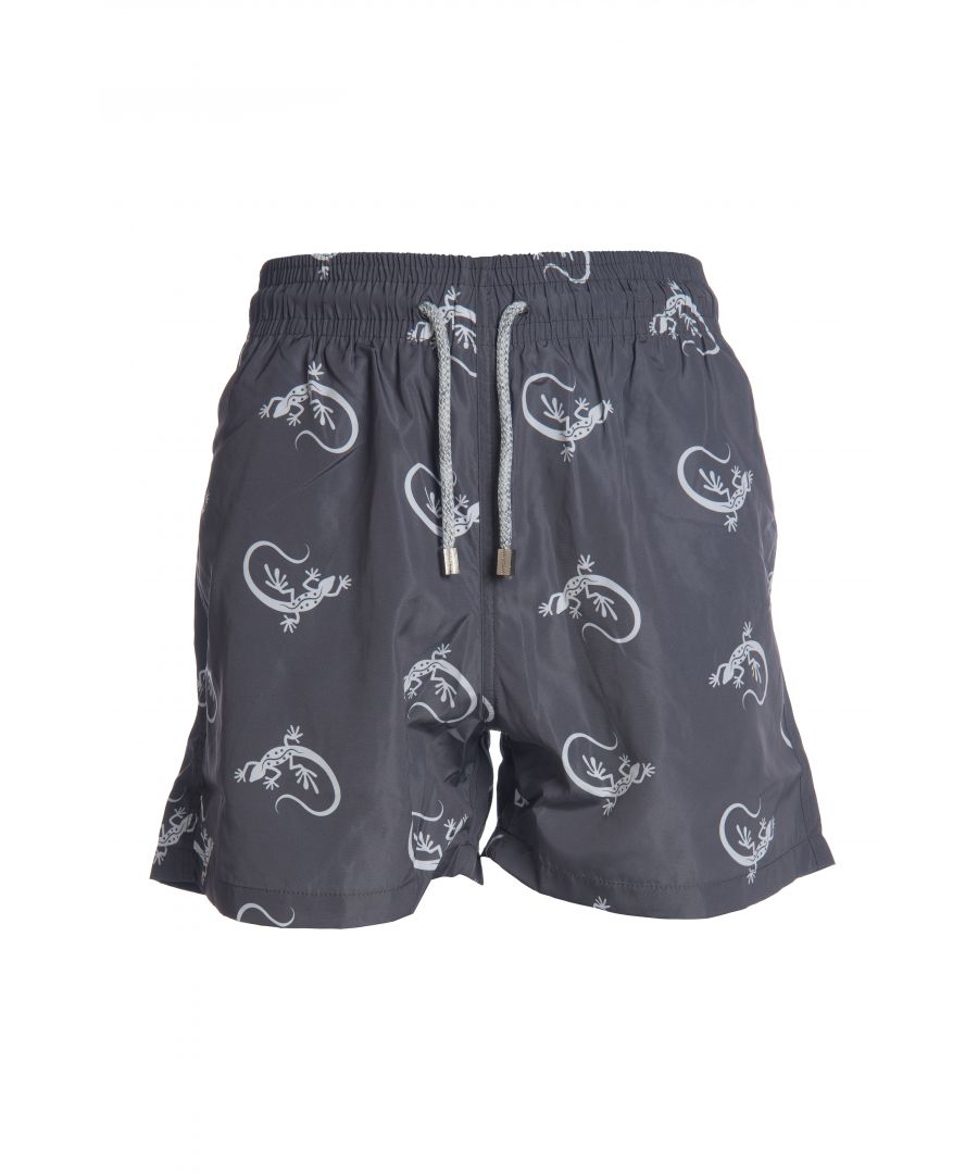 Grey Men's Swim Shorts with gecko print pattern\nQuick dry fabric and soft lining\nA shorter leg length than our new designs at 37cm/14,5