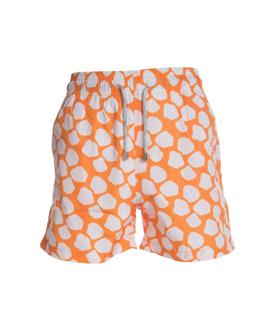 Orange Men's Swim Shorts with giraffe print pattern\nQuick dry fabric and soft lining\nA shorter leg length than our new designs at 37cm/14,5