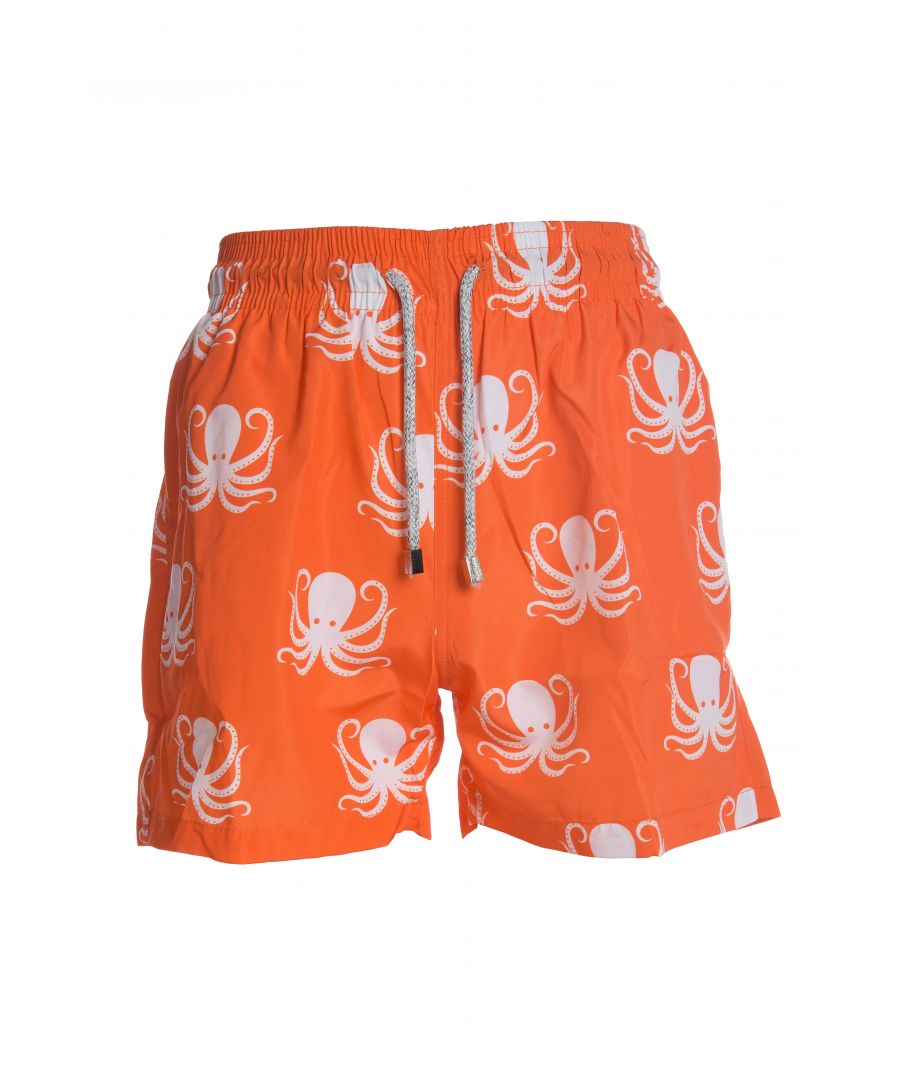 Orange Swim Shorts with octopus print pattern\nQuick dry fabric and soft lining\nElasticated waistband\nTwo side pockets\nVelcro back pocket