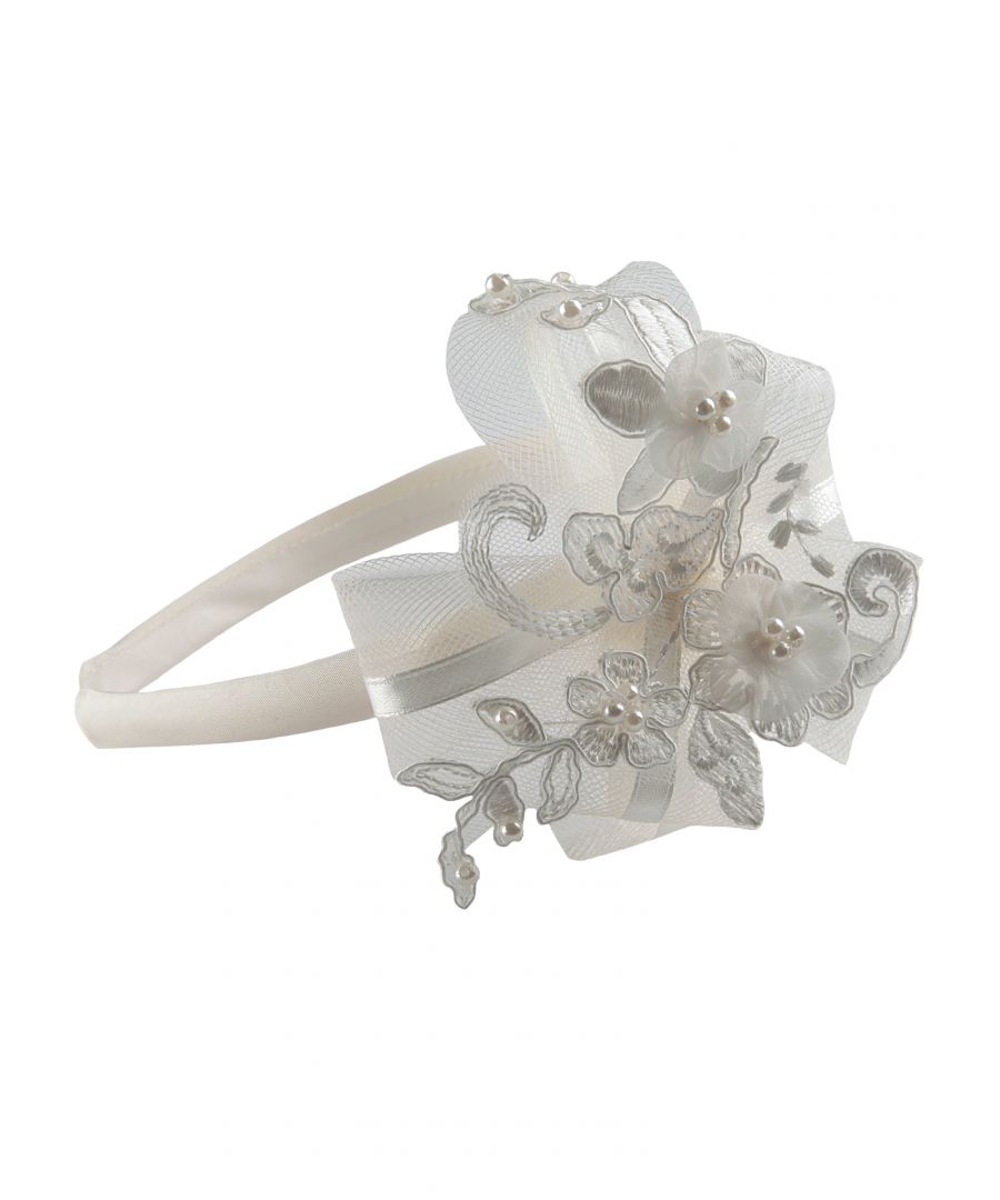 MABEL Headband in Antique White/Ivory. A satin covered Alice band with a 4 way bow made from milliners net and satin ribbon. Guipure lace overlay to match our dress range and topped with pearl centred small organza daisies.\nYour little girl will feel like a princess wearing this beautiful headband. Whether its for a birthday party, Christening or any Special Occasion.\nCompliments our range of girls dresses perfectly.\nIt arrives with you in an organza drawstring bag to keep it clean. Would also make a great gift!
