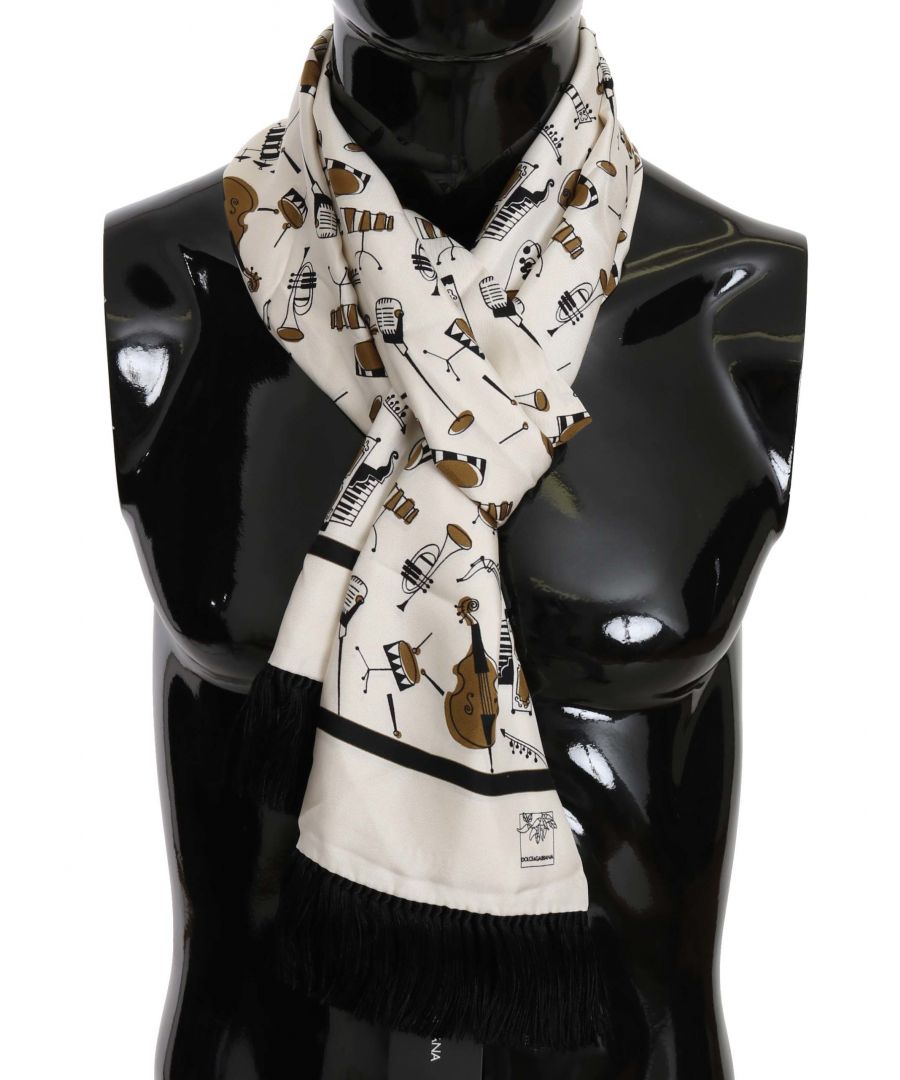 Dolce & ; Gabbana Gorgeous brand new with tags, 100% Authentic Dolce & ; Gabbana Mens scarf wrap Material : 100% Silk Color : White, Black Musical Instrument pattern Fringes Logo details Made in Italy SIZE : 170cm x 30cm