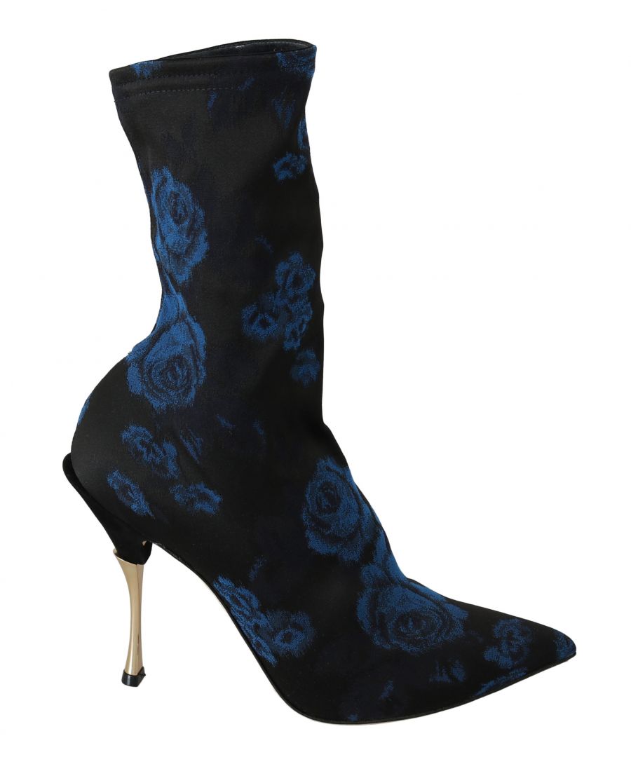Image for Dolce & Gabbana Black Stretch Blue Roses Ankle Boots Shoes