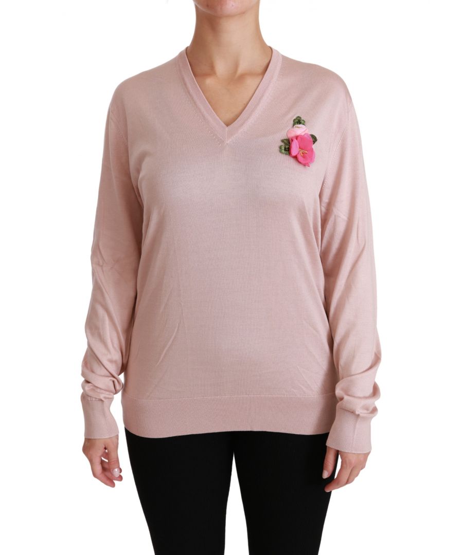 Image for Dolce & Gabbana Pink Floral Embellished Pullover Silk Sweater