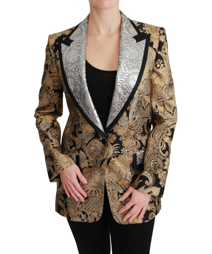 Dolce & ; Gabbana Gorgeous brand new with tags, 100% Authentic DOLCE & ; GABBANA blazer jacket Model : Single breasted 1 button blazer Color : Black and gold floral jacquard. silver lapel One button single breasted closure Black silk stretch inner lining Logo details Made in Italy Very exclusive and high craftsmanship Material : 30% Nylon, 28% Acetate, 22% Silk, 12% Metal fibers Lining : 94% Silk, 6% Elastane