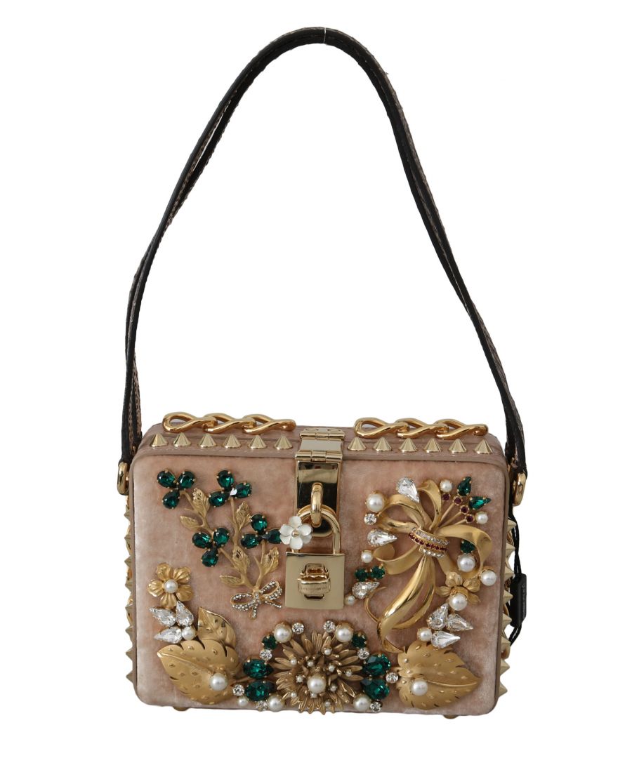 Dolce & ; Gabbana Gorgeous brand new with tags, 100% Authentic Dolce & ; Gabbana Dolce Box Bag Model : Hand clutch BOX bag Material : 49% Rayon 25% Caiman 15% Ayers 11% Silk Color : Pink with gold metal detailing Green and clear crystal Pink inner lining Gold logo padlock details Made in Italy Very exclusive and high craftsmanship Measurements : 12cm x 18cm x 5cm