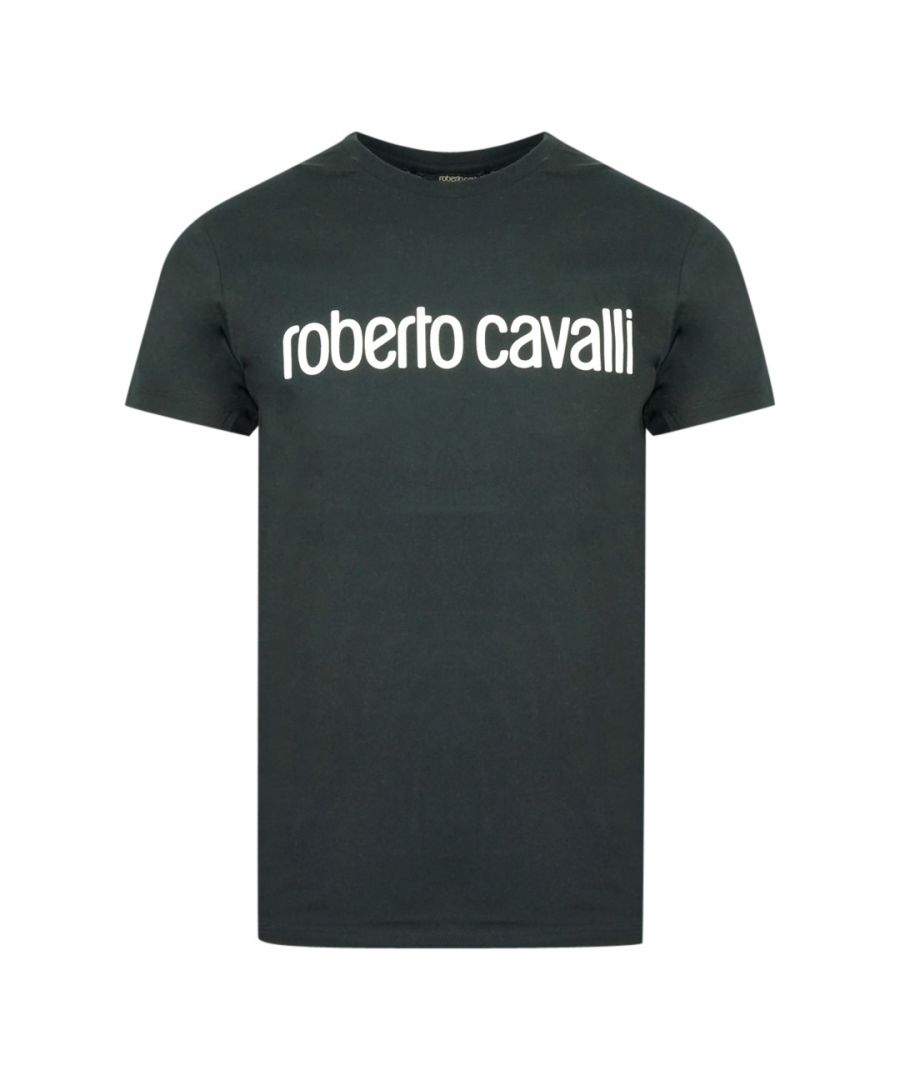 Zwart T-shirt met Roberto Cavalli-logoprint. Roberto Cavalli zwart T-shirt. 100% katoen. Groot motief op de voorkant van het T-stuk. Ronde hals. Stijl: IST61H JD060 D0146