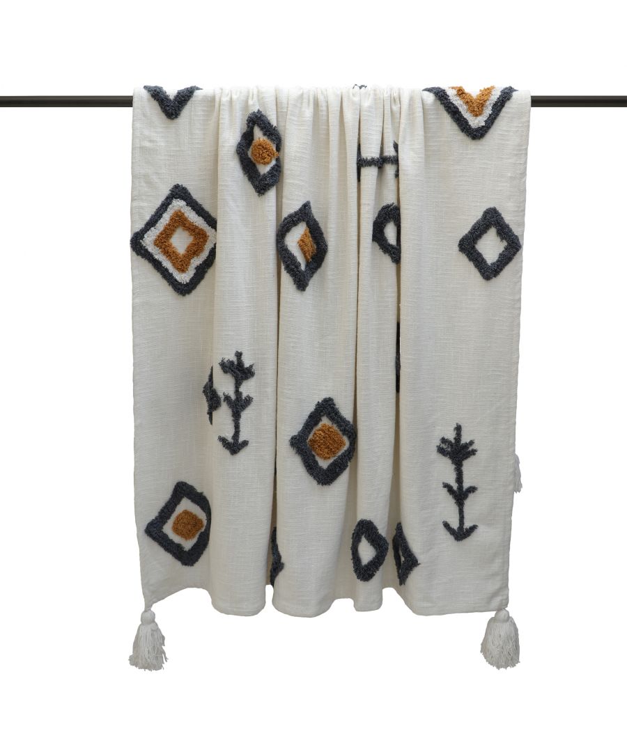 The Inka throw is a showstopping piece which is inspired by global textures and prints. Featuring tufted shapes in warm ochre and grey, on a natural base, finished with tassel corners. Hand Wash Only.
