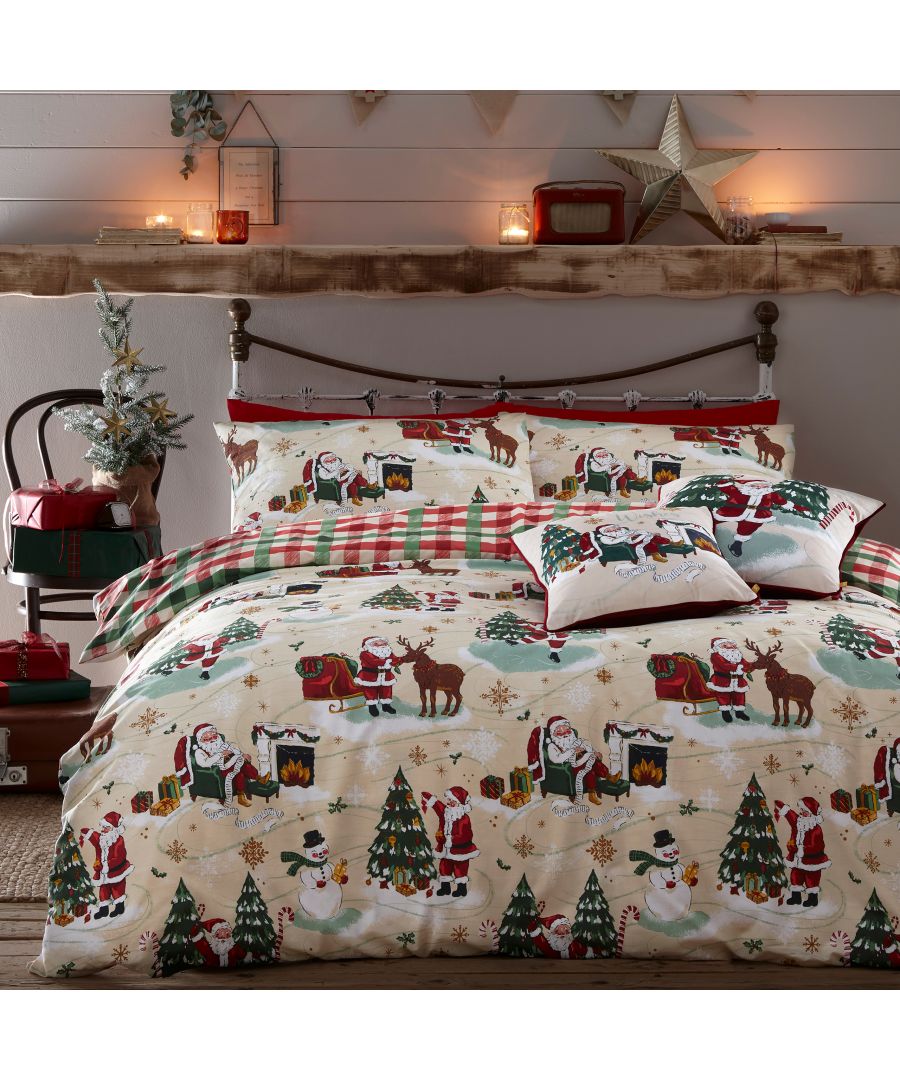 A charming hand-painted design depicting a Jolly Santa doing all his favourite things, including sitting by a cosy fireplace and decorating the Christmas tree with this favourite baubles. An oversized red and green gingham print covers the reverse, giving you two festive looks in one!