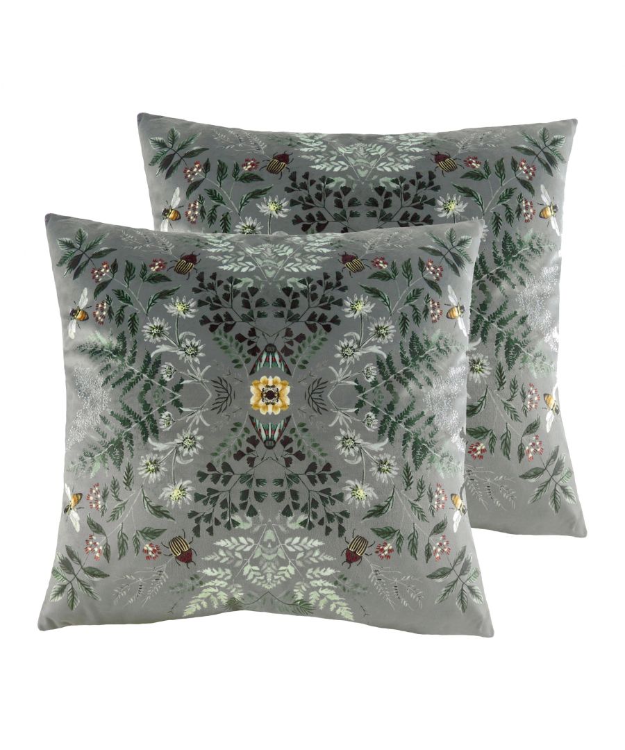 The perfect combination of botanics and insects this perfectly symmetrical and mirrored design is balanced an intricate. Printed onto a soft grey faux-velvet making this cushion a beautiful addition to your bedroom or living room, pair with other rich colours and luxe finishes for a sophisticated feel.