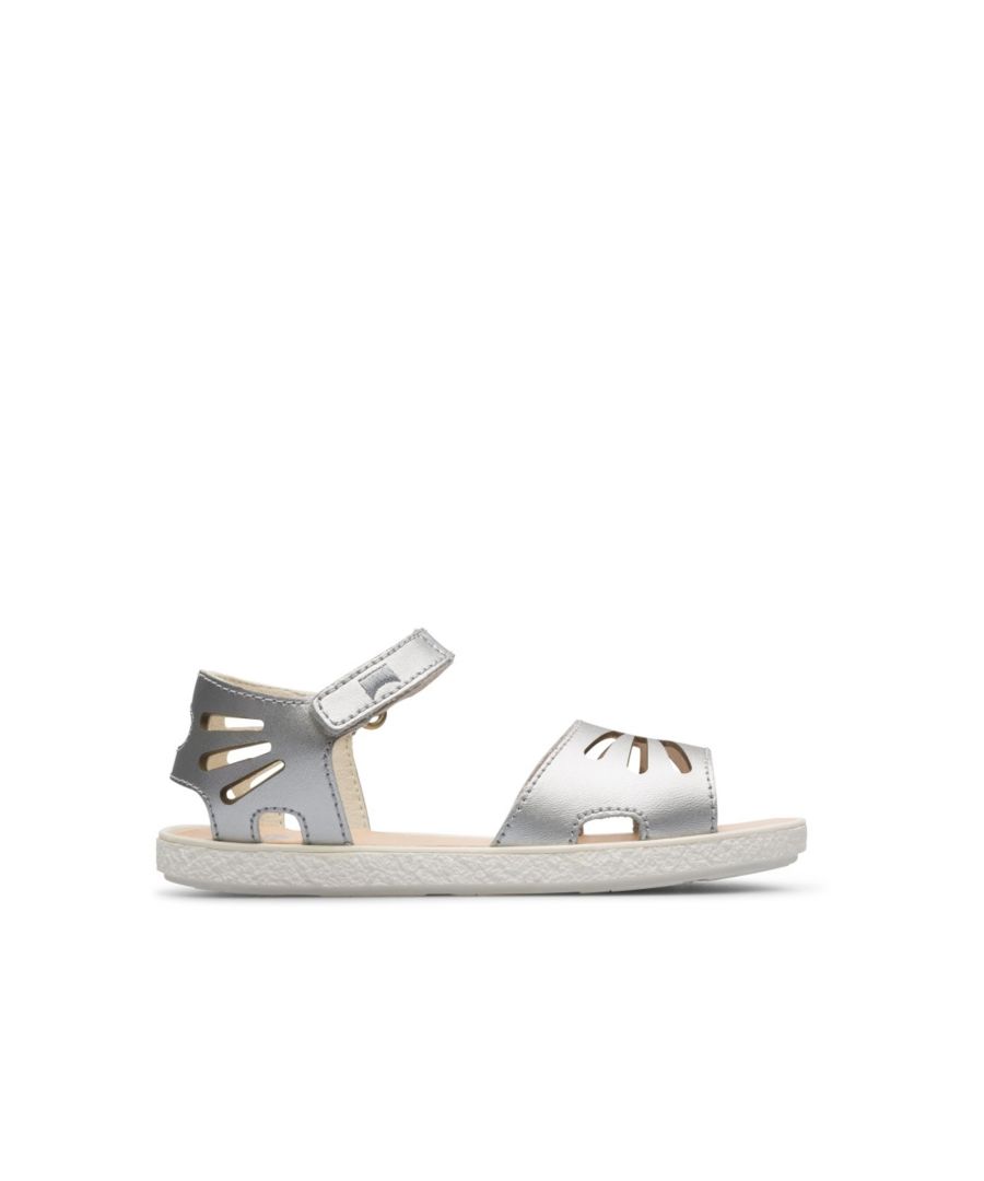 Metallic grey sandal for girls. Leather upper with velcro fastening at the ankle and closed heel. 100% white rubber outsole.\n\nOur Miko girls' sandals offer a playful, semi-open design that is tough enough to handle everyday play.