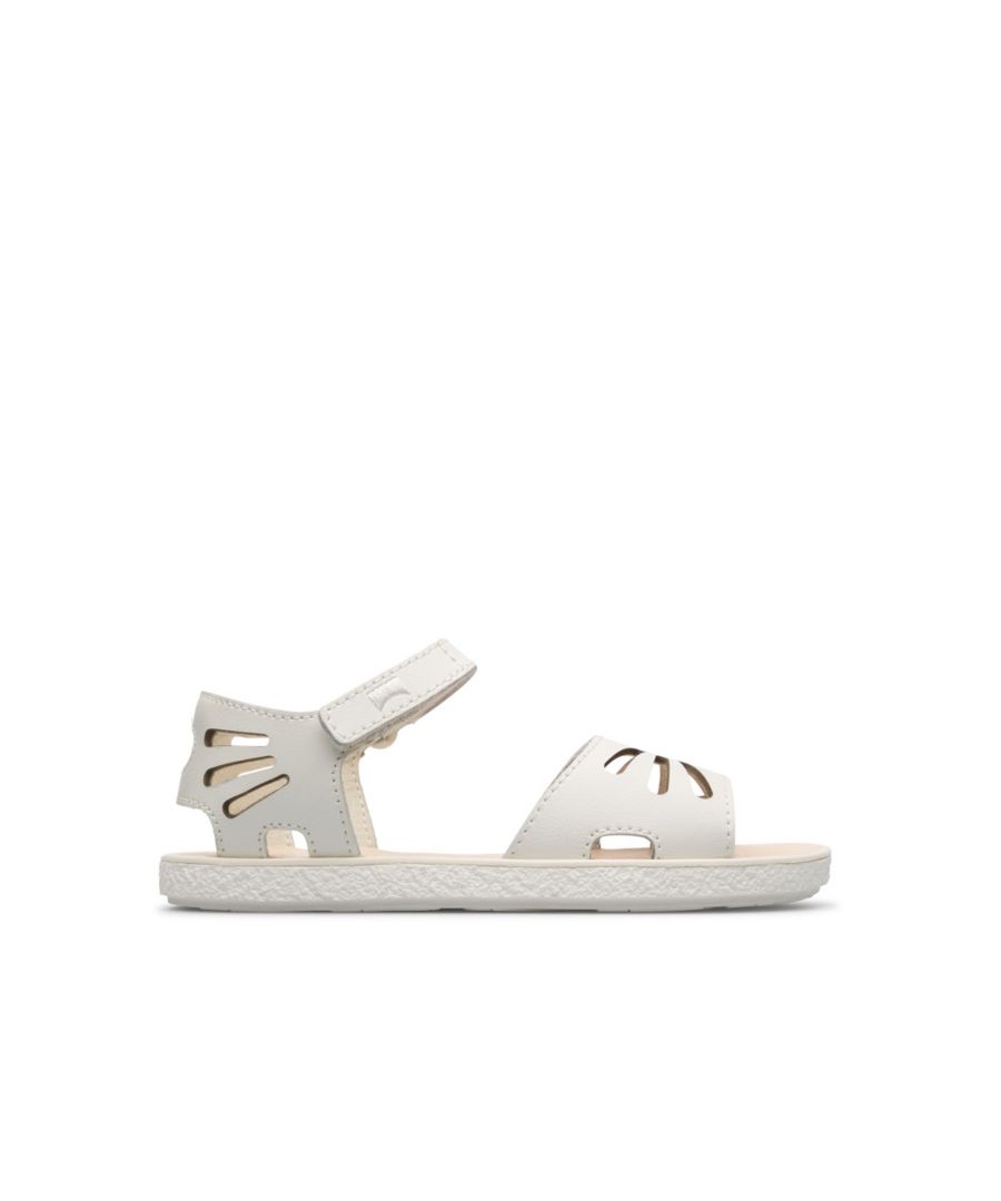 White sandal for girls. Leather upper with velcro fastening at the ankle with closed heel. 100% white rubber outsole.\n\nOur Miko girls' sandals offer a playful, semi-open design that is tough enough to handle everyday play.