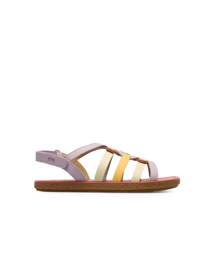 Multicoloured TWINS sandal for girls. Beige, yellow and purple crossed leather ribbons on the upper. 100% rubber outsole.\n\nBorn in 1988, our classic TWINS concept — opposite yet complementary - challenges the idea that shoes must be identical and lives on in these mismatched kids´ shoes to form a truly unique pair.