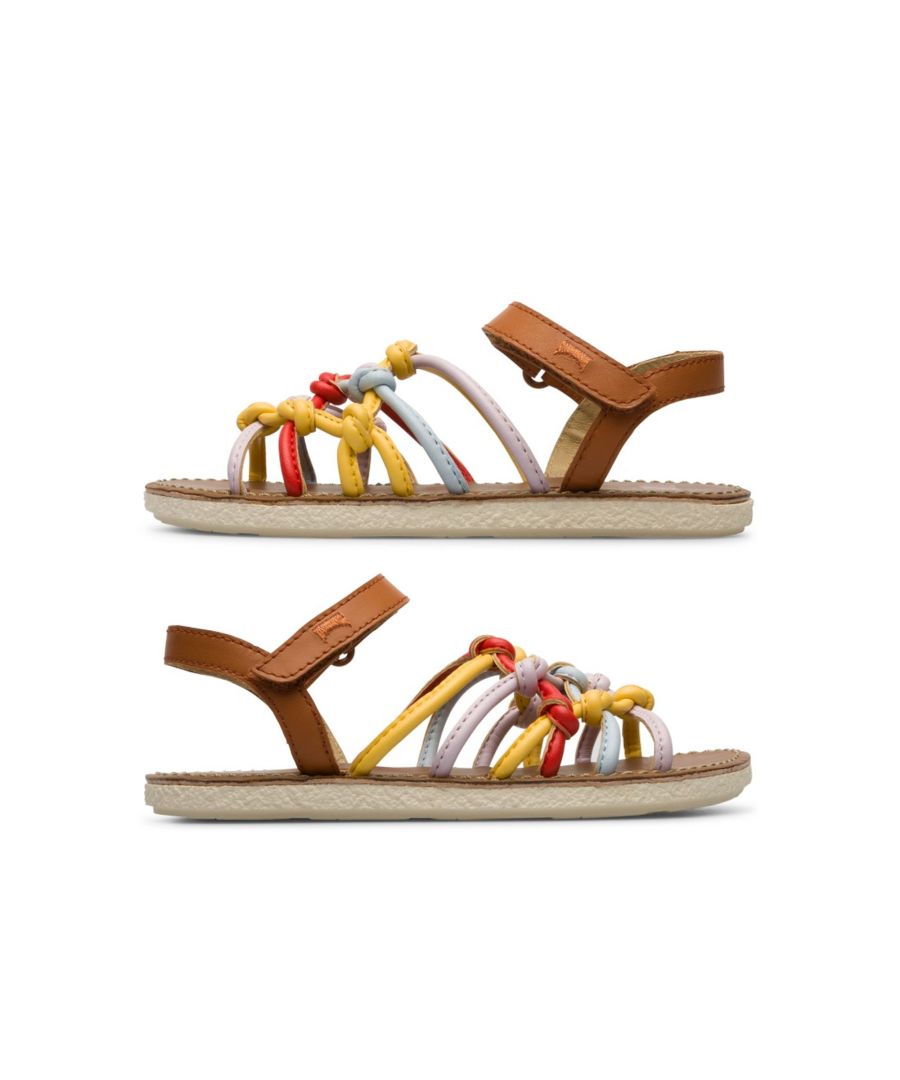 Multicoloured sandal with velcro for girls. Blue, brown and yellow knotted straps on the upper. 100% white rubber outsole.\n\nOur Miko girls' sandals offer a playful, semi-open design that is tough enough to handle everyday play.