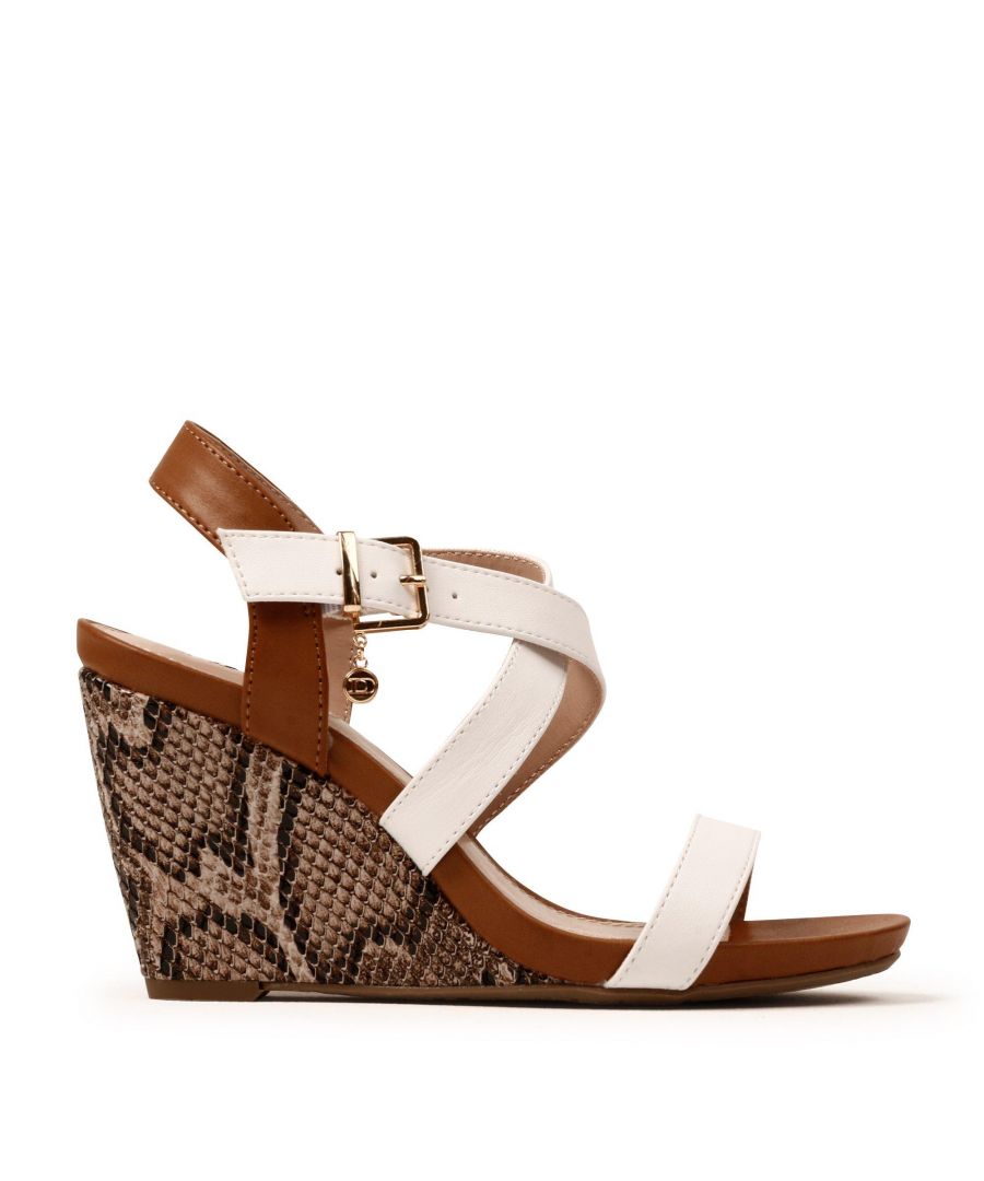 This sandal from Dune is the perfect choice for your summer style. Designed with a mid wedge heel and stylish cross over straps. It's secured with a buckle fastening and has an open sandal toe.