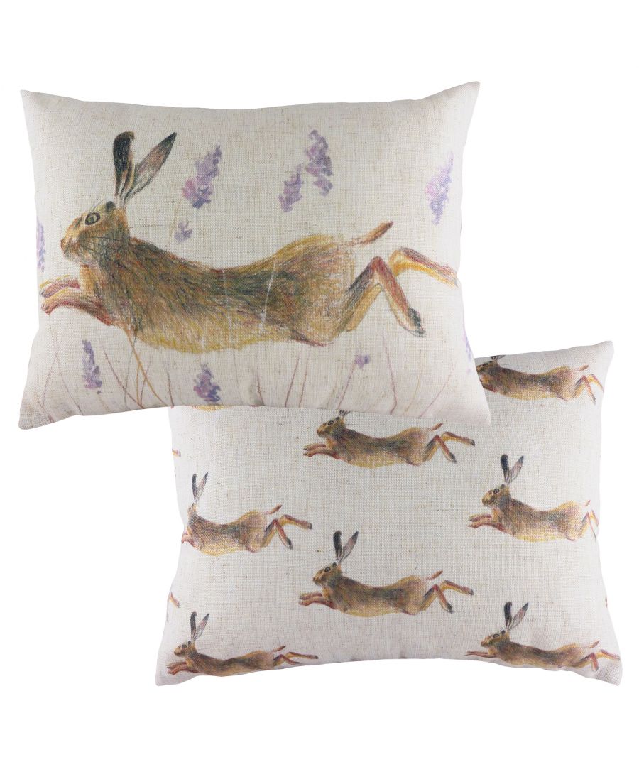 Bring a little wildlife to your interior with this super sweet hand-painted design of a leaping hare within Lavender sprigs. With a soft repeat pattern reverse - this cushion will be the perfect touch to any country or neutral home.