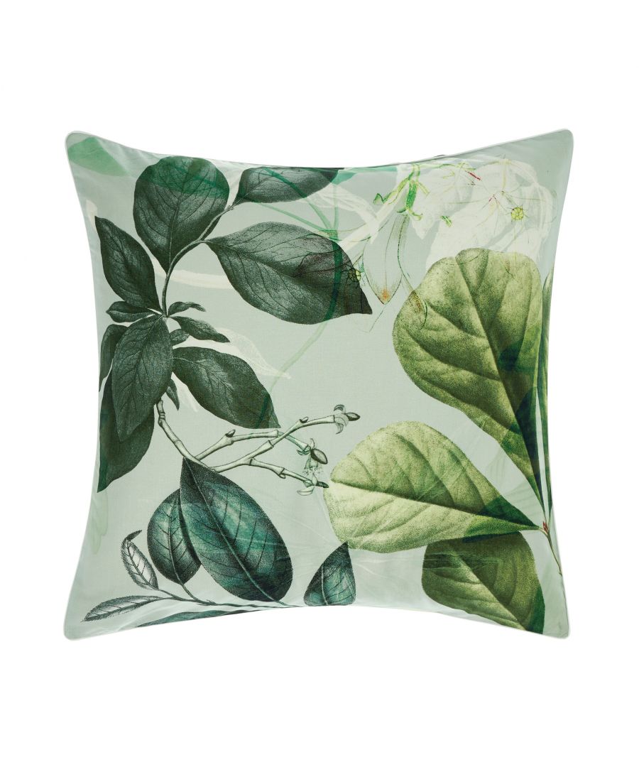 Bring your bedroom to life with Glasshouse, a mint-hued and contemporary collage of lush, tropical botanicals. Digitally printed on a luxurious cotton slub, this archival-styled design looks best adorned with its coordinating duvet cover set and cushion.