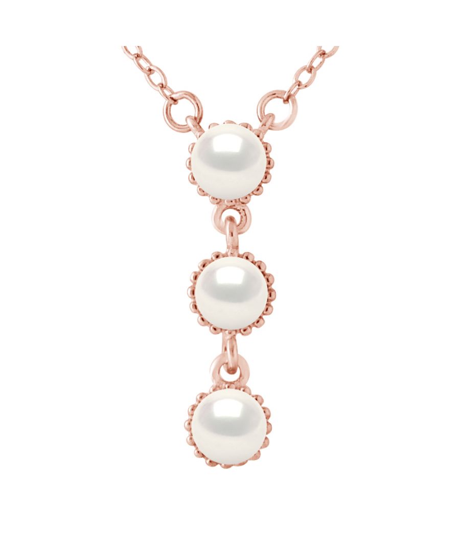 Necklace White Pearls Trilogy - Chain Mesh Convict - Silver Sterling 925/1000 pink gold plated - Our jewelry is made in France and will be delivered in a gift box accompanied by a Certificate of Authenticity and International Warranty