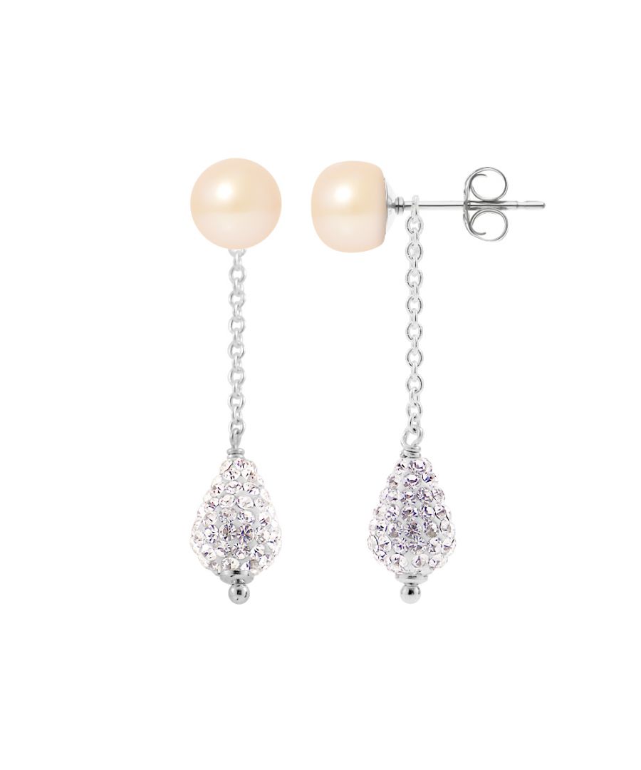 Pendants Earrings Balls set of Genuine Crystal White and Pearls of Culture - Natural Pink - strollers system - Our jewellery is made in France and will be delivered in a gift box accompanied by a Certificate of Authenticity and International Warranty